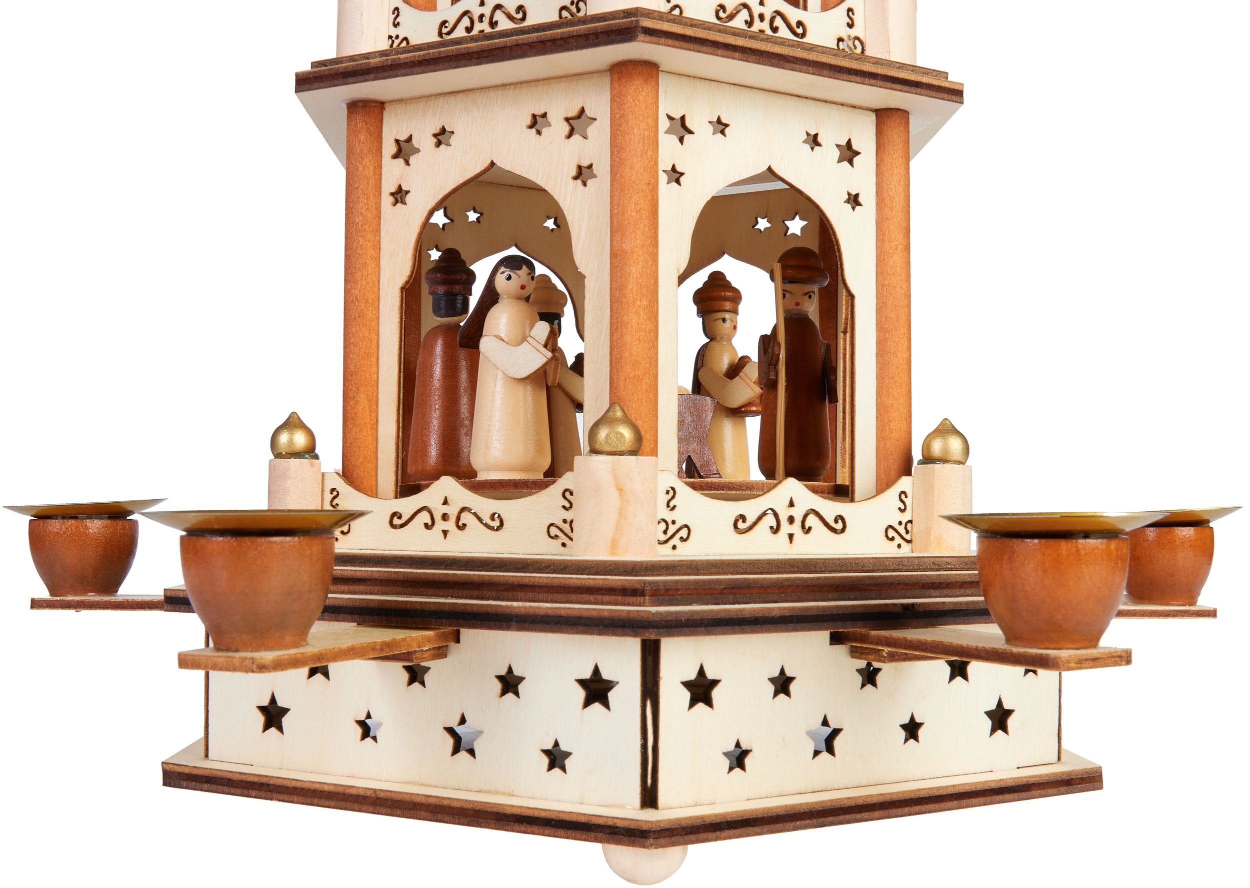 BRUBAKER Weihnachtspyramide 3-stöckige drehbare Holzpyramide - Weihnachtsdekoration mit 3 Etagen, 45 cm Höhe - handbemalte Figuren Weihnachten - Natur Braun - Holz