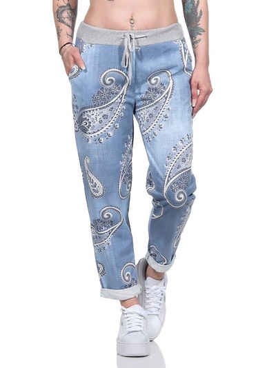 Aurela Damenmode Jogger Pants Freizeithose leichte Damen Haushose in moderner Jeansoptik mit elastischem Bund und Schnürung