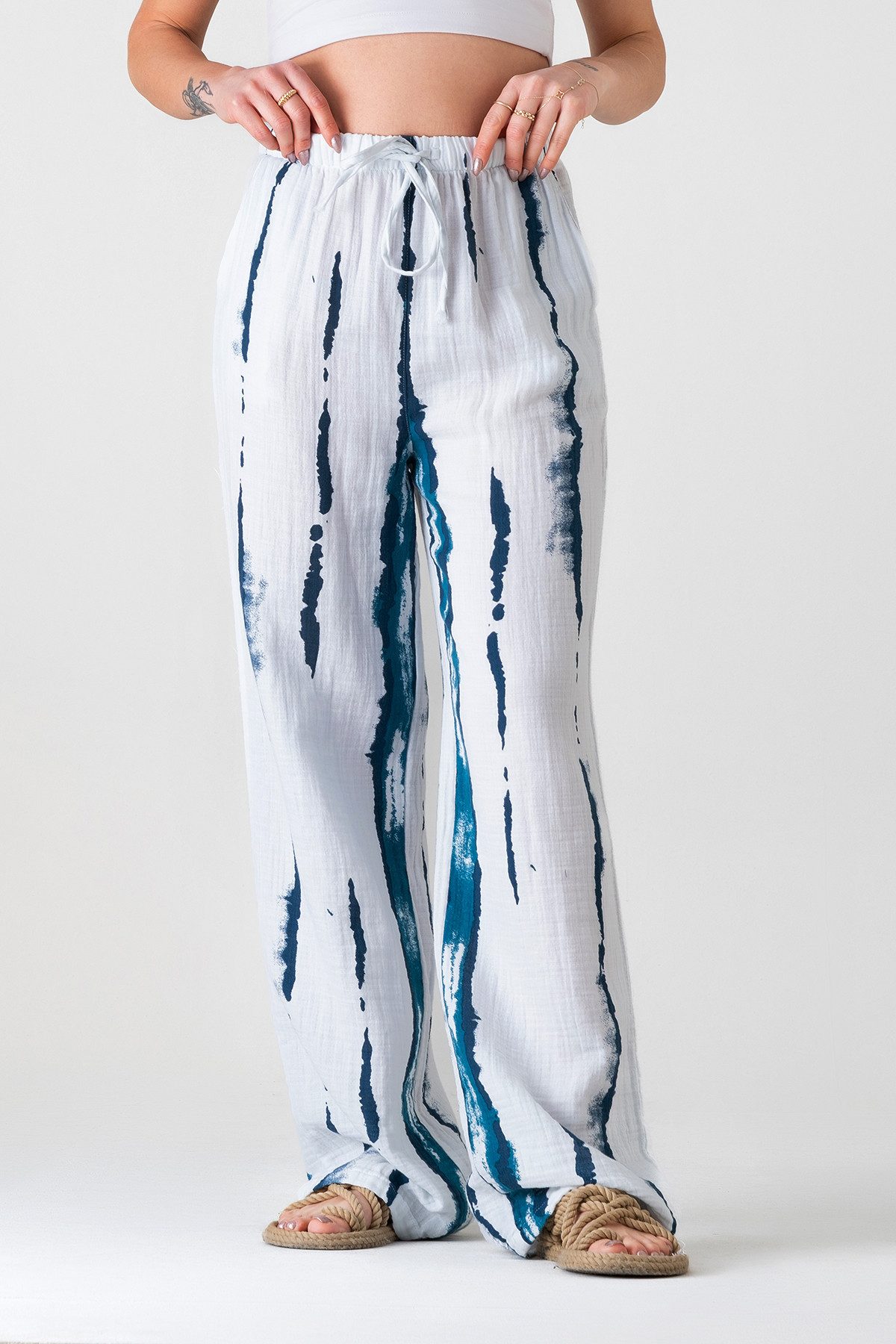 WENOR Palazzohose Musselin, Batik-Druck, 100 % Baumwolle, elastisch, Petrol günstig online kaufen
