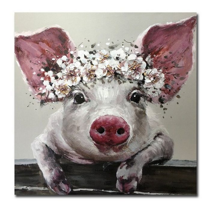 TPFLiving Kunstdruck (OHNE RAHMEN) Poster - Leinwand - Wandbild Nettes Schwein mit Blumen auf dem Kopf (Verschiedene Größen) Farben: Leinwand bunt - Größe: 100x100cm