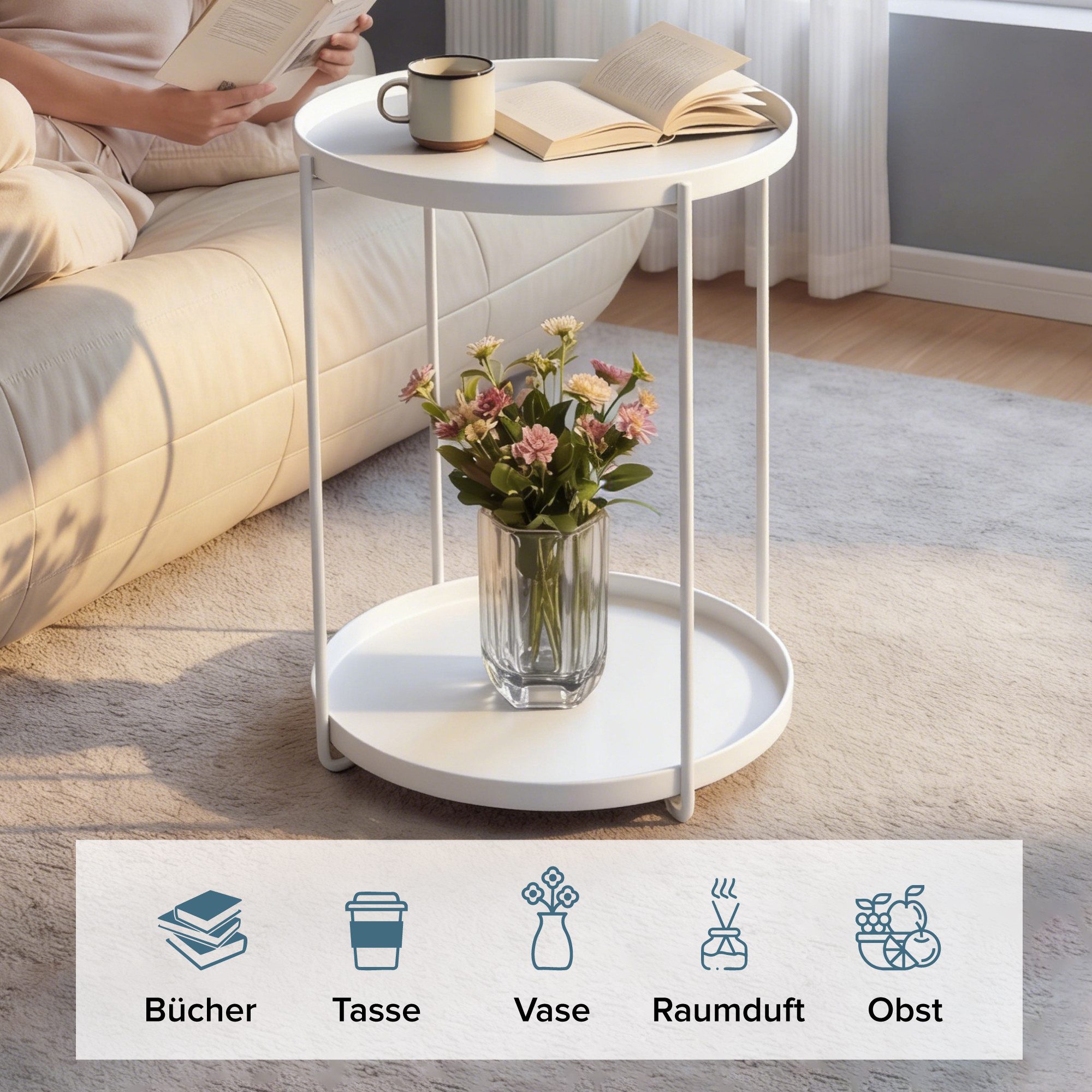 doporro Beistelltisch Couchtisch kleiner Tisch mit 1/2 geflochtenen Ablagen rund Reglo-08, Zwei Materialien zur Auswahl – Bild 4 von 5