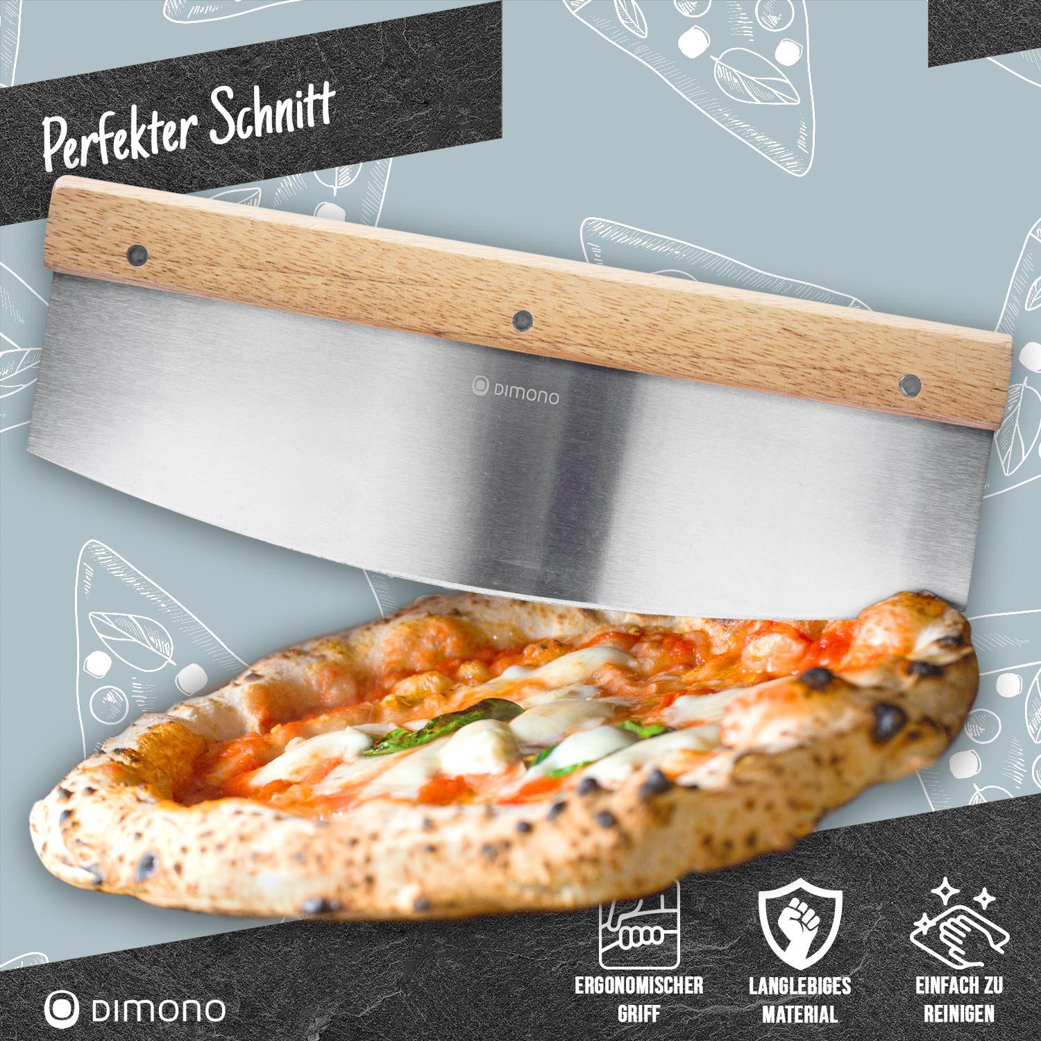 Dimono Pizzamesser DIMONO Profi Pizzamesser mit Holzgriff – Edelstahl Pizzaschneider Kräuter-Schneider Cutter mit Holz-Griff