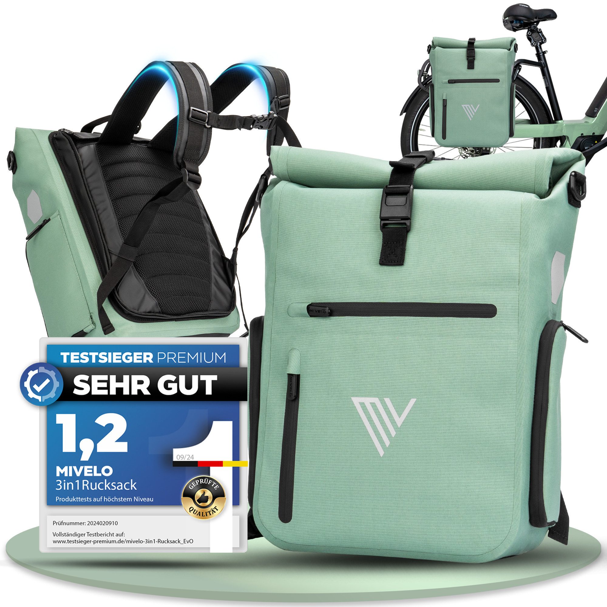 MIVELO Fahrradtasche 3in1 Gepäckträgertasche mit Rucksackfunktion Schultergurt wasserdicht, geräumiges Hauptfach, Außentaschen, Laptopfach