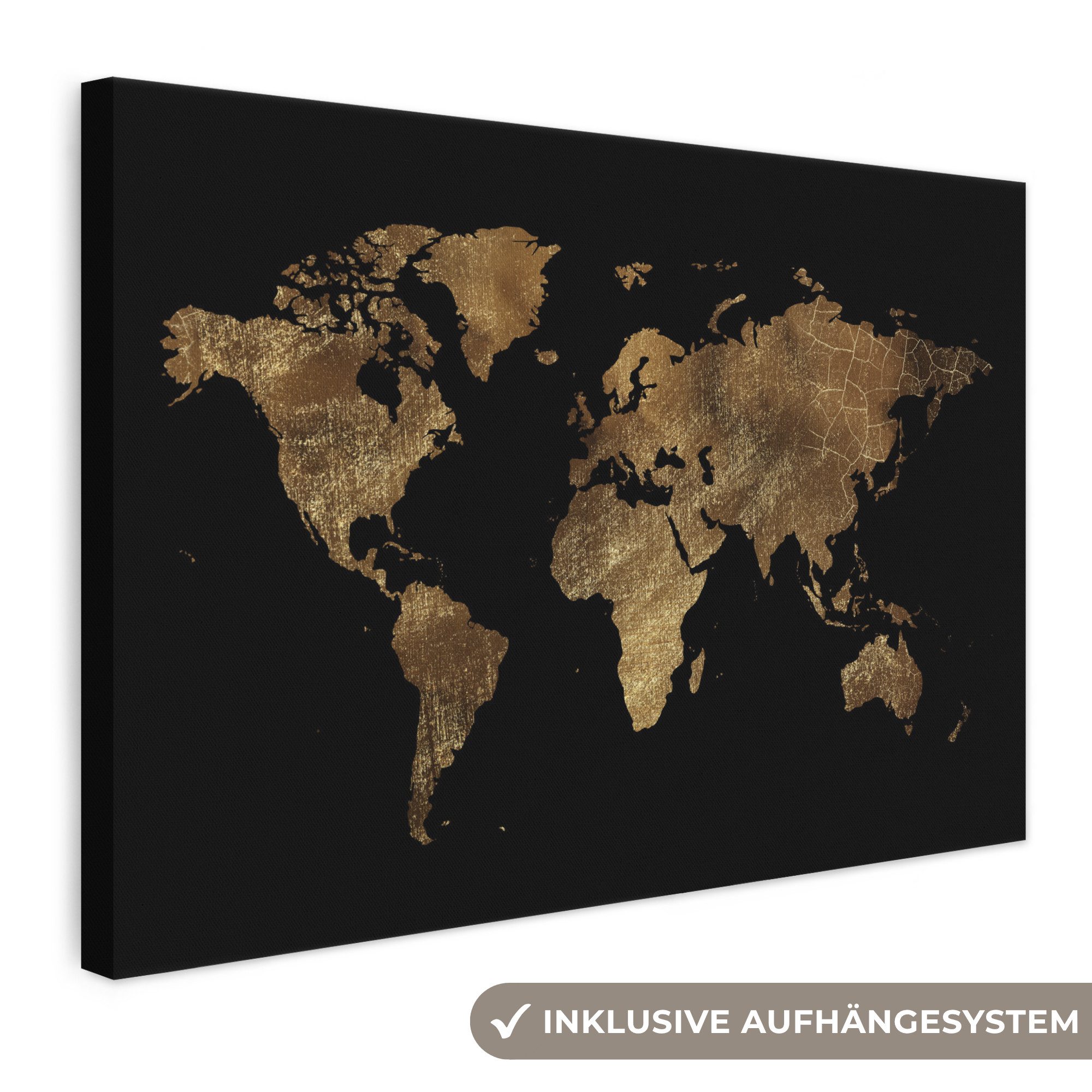 OneMillionCanvasses® Leinwandbild Weltkarte - Gold - Luxus - Erde - Schwarz, Fotodruck (1 St), Leinwand Bilder Klein, Wand Dekoration Aesthetic 30x20 cm