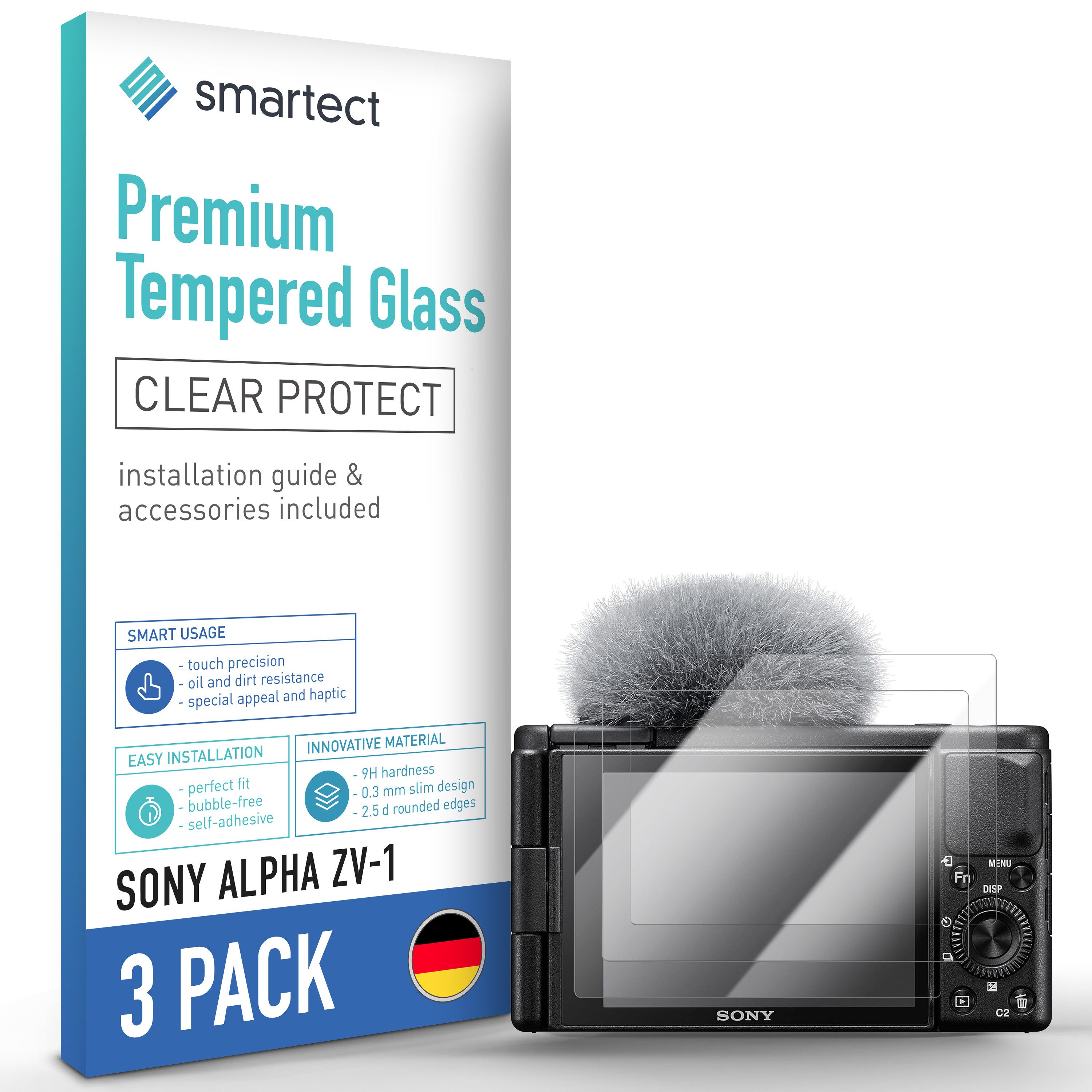 smartect Displayschutzglas Schutzglas Panzerfolie Klar für Sony Alpha ZV-1, Set, 3 Stück, Schutzfolie Glasschutz Bildschirm
