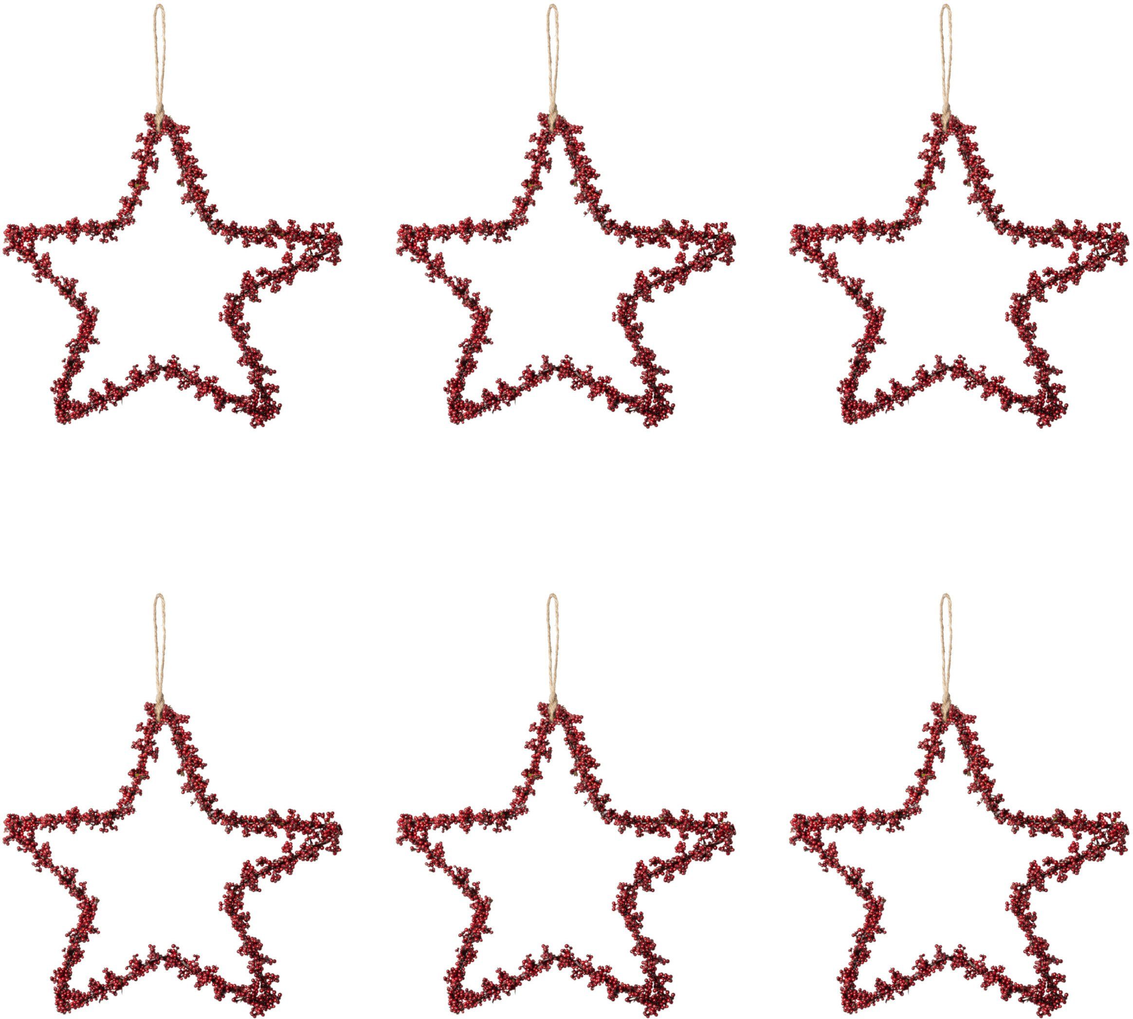 Creativ deco Dekostern Weihnachtsstern, Weihnachtsdeko rot, 6 St., mit Mini-Beeren, Hängedekoration, 6er Set, Ø ca. 15 cm