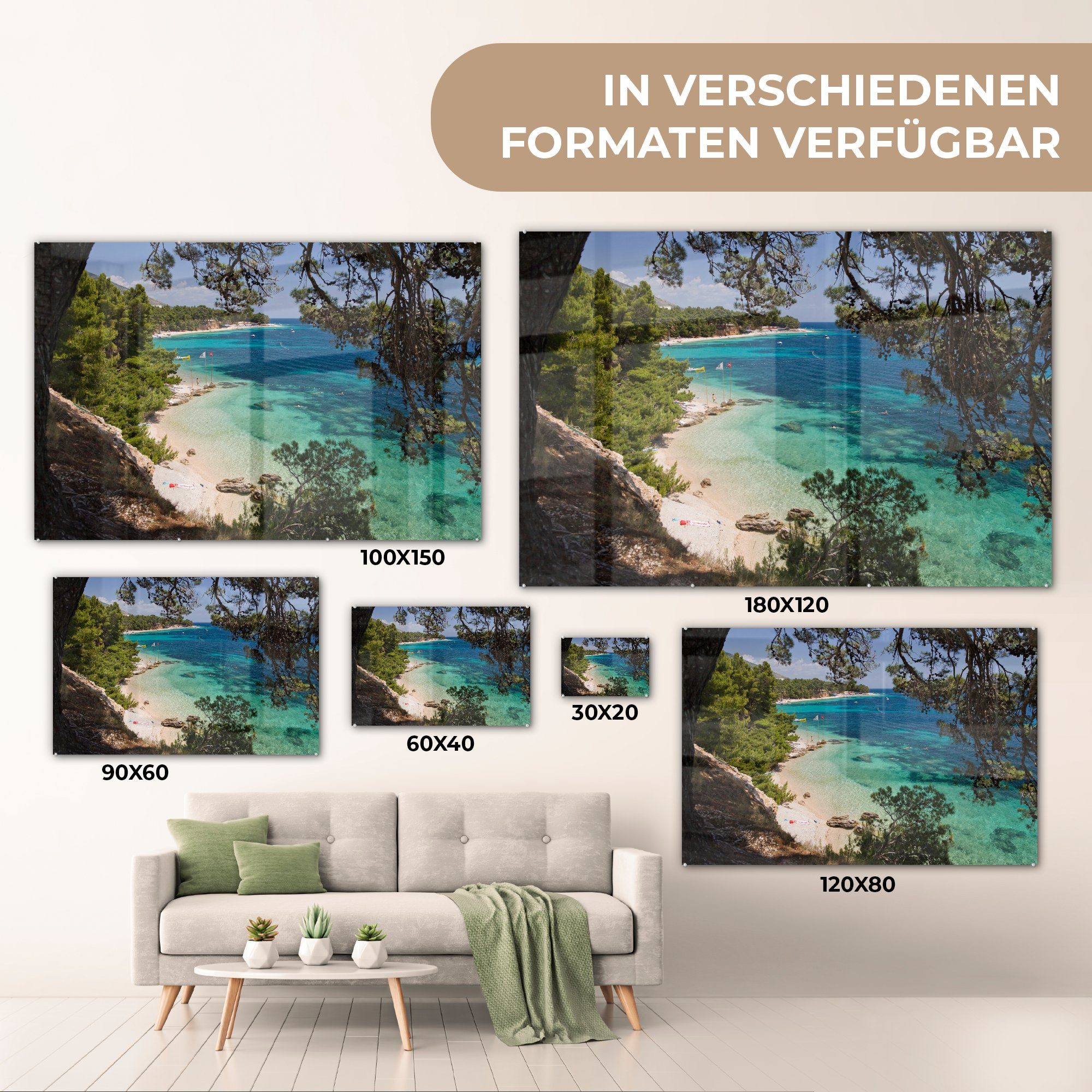 MuchoWow Acrylglasbild in Strand Schlafzimmer Überhängende Acrylglasbilder von Wohnzimmer (1 & Zlatni Rat Kroatien, am St), Bäume