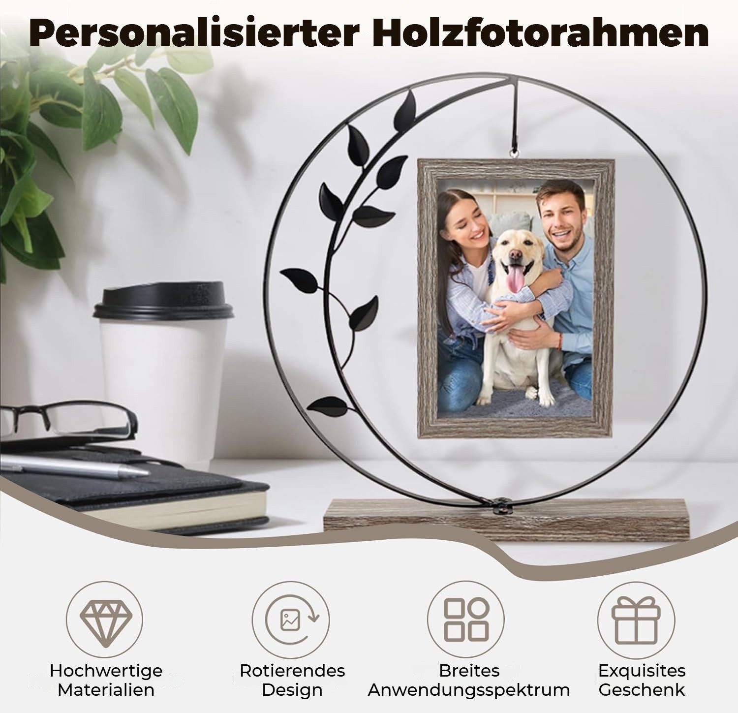 BlingBin Bilderrahmen 10x15cm Doppelglas Fotorahmen Holz mit Metall Ständer, Familien Deko, für 2 Bilder (1er Set, 1 St), Produktmaße: 28 × 26 × 5 cm, Vintage Holzbilderrahmen Fotogeschenke Fuer Oma/Mama