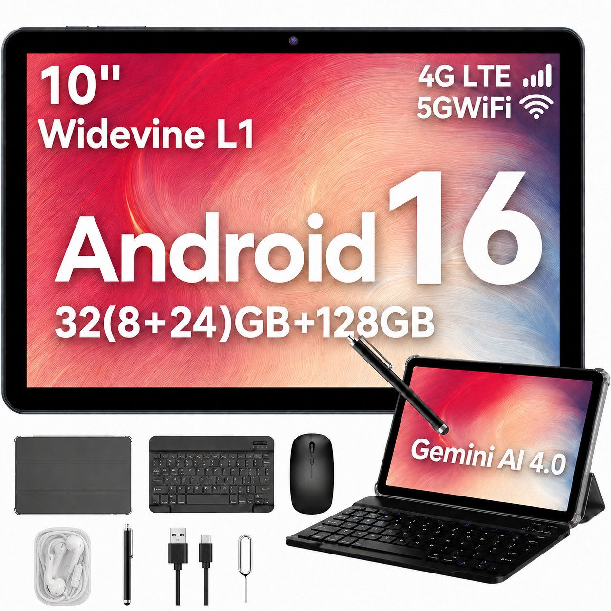 TABWEE KOBONA W80 2026 10" Android 16 Tablets Set 4G LTE/5G WiFi Tablet (10.1", 128 GB, Android16, 4G(LTE), 6000mAh, Nano SIM-Karte, 16:10-Bildschirm, Gemini AI 4.0)