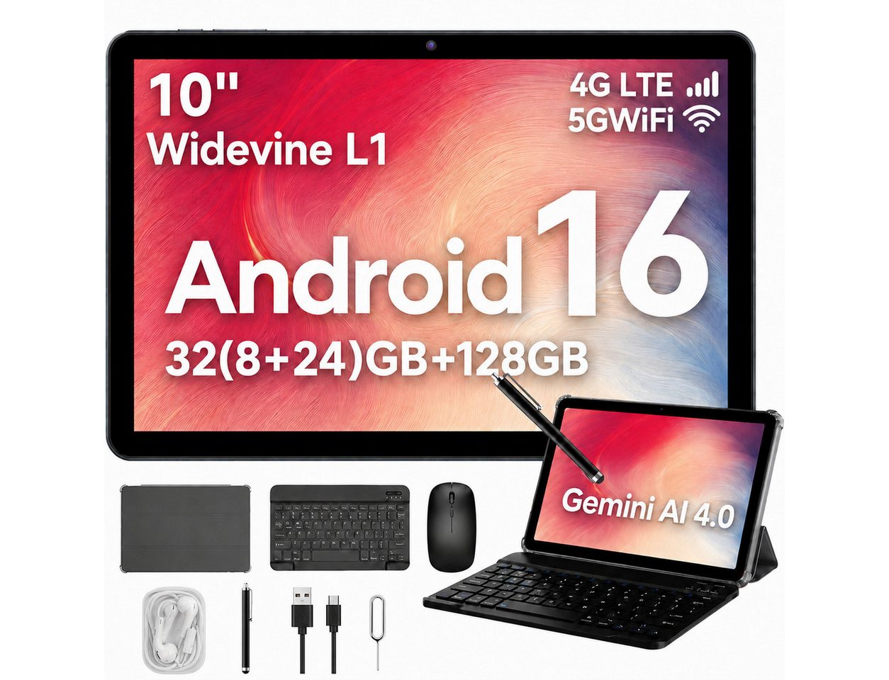 TABWEE KOBONA W80 2026 10" Android 16 Tablets Set 4G LTE/5G WiFi Tablet (10.1", 128 GB, Android16, 4G(LTE), 6000mAh, Nano SIM-Karte, 16:10-Bildschirm, Gemini AI 4.0)