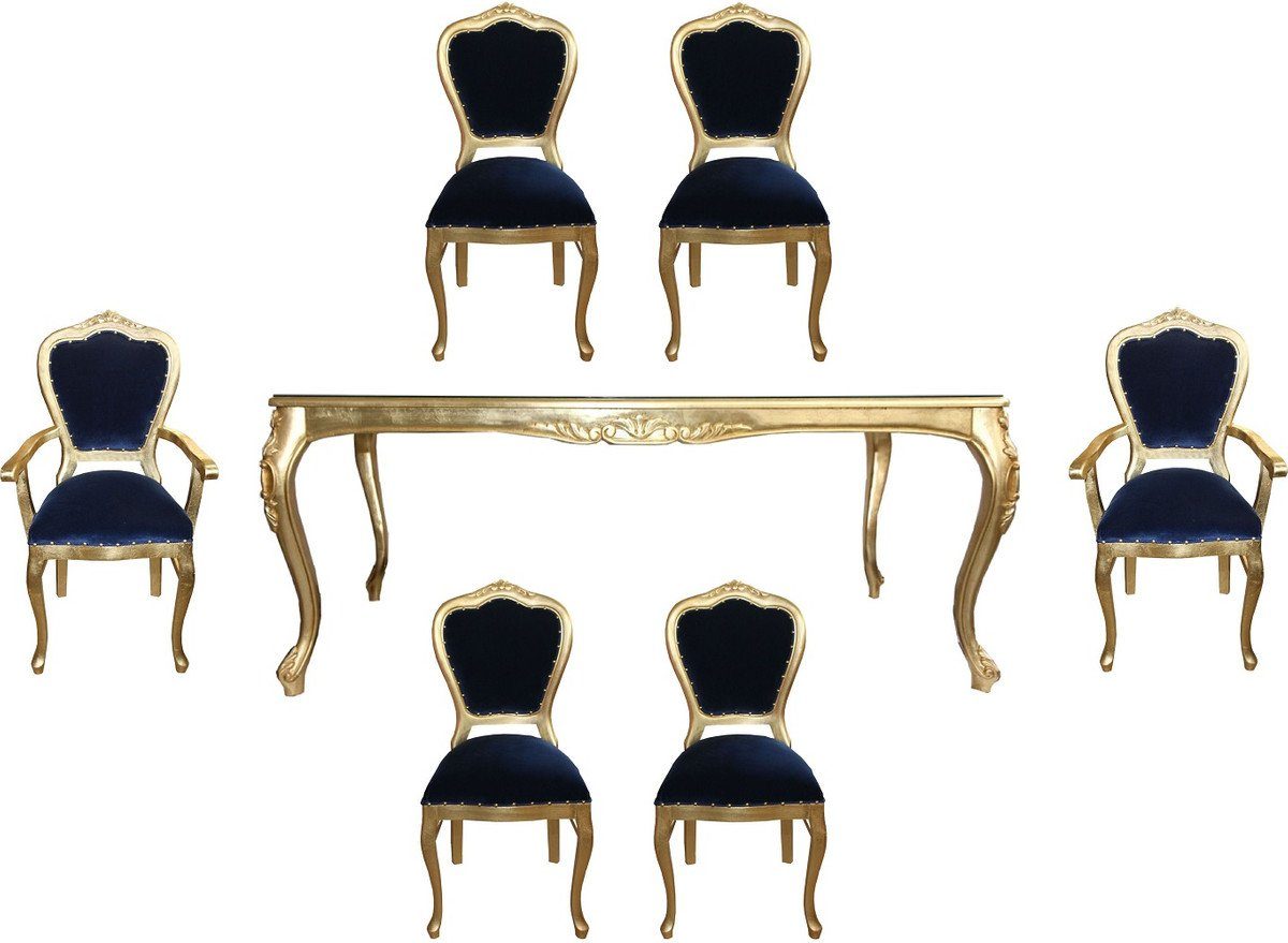 Casa Padrino Esszimmer-Set Luxus Barock Esszimmer Set Royalblau / Gold - 1 Esstisch mit Glasplatte und 6 Stühle - Barock Esszimmermöbel - Made in Italy - Luxury Collection