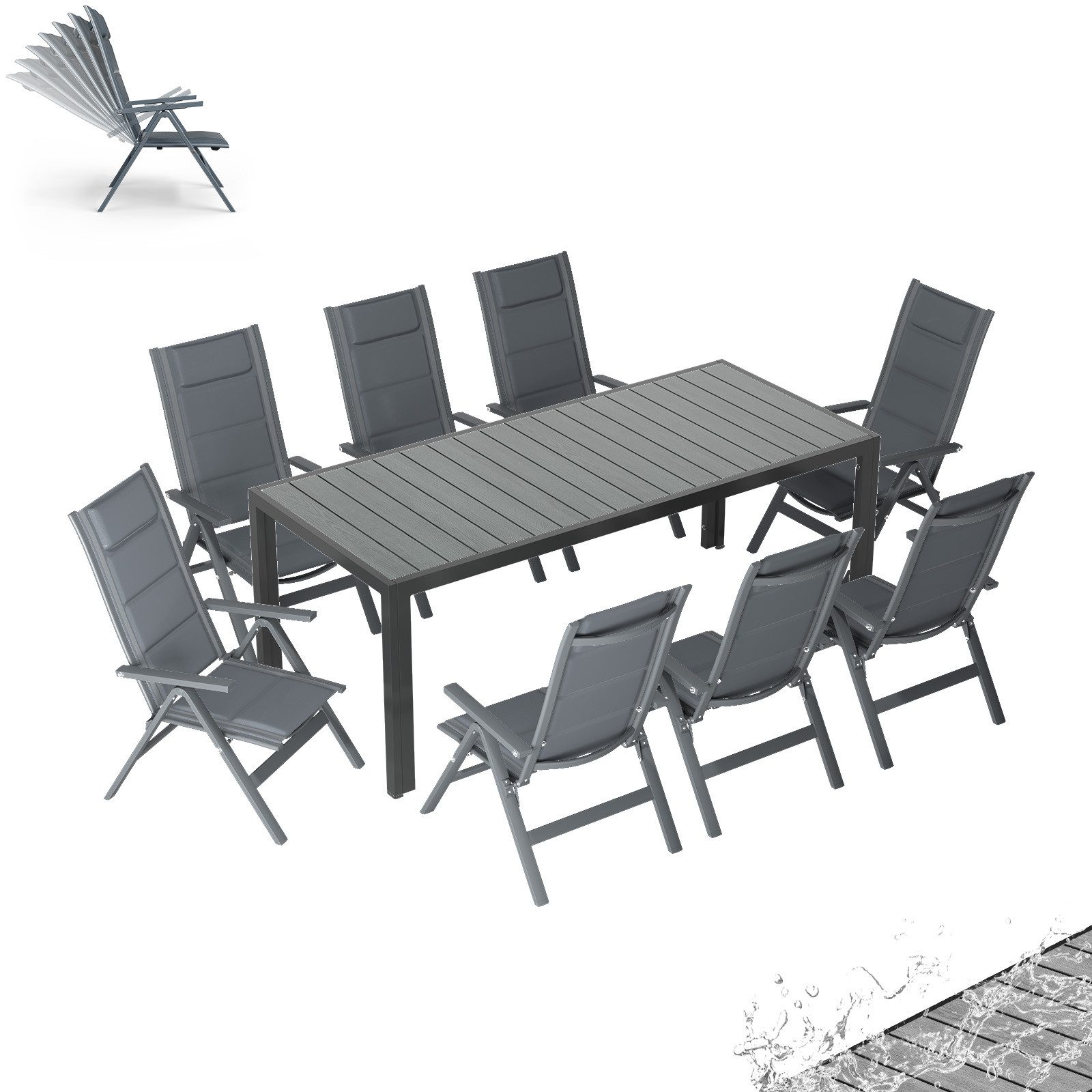 HOMALL Garten-Essgruppe Gartenmöbel Set aus klappbarer Armlehnstuhl und Aluminium Gartentisch, (9-tlg., 8 Klappstuhl (bis 160kg), 1Tisch (bis 100kg), Aluminium, Textilgewebe), Holzoptik Tisch & klappbare Stühle mit 7-fach verstellbarer Lehne
