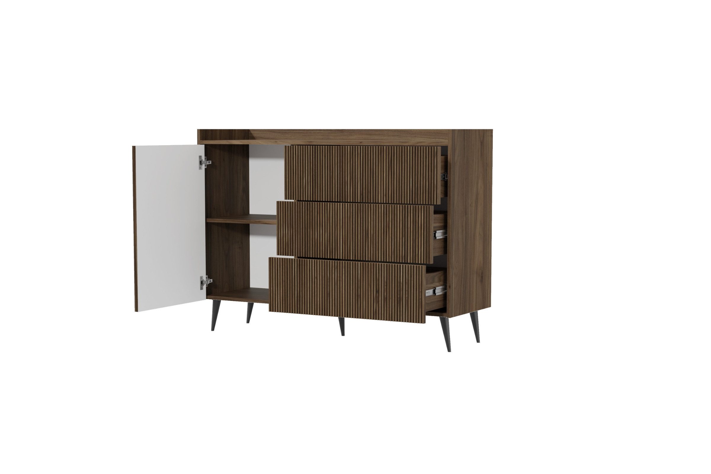 Deine Möbel 24 Sideboard DALIA 04 Kommode 126 cm breit, mit 3 Schubladen (DALIA-Kollektion, 1 St., ideal für Wohnzimmer, Schlafzimmer & Flur), geriffelte Fronten, Farbe Kashmir oder Walnuss