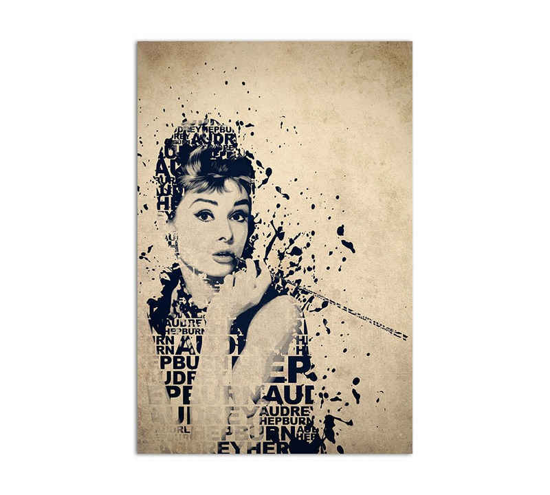 Sinus Art Leinwandbild Audrey Hepburn Typografie Splash Art in 90x60cm auf Leinwand fertig gerahmt