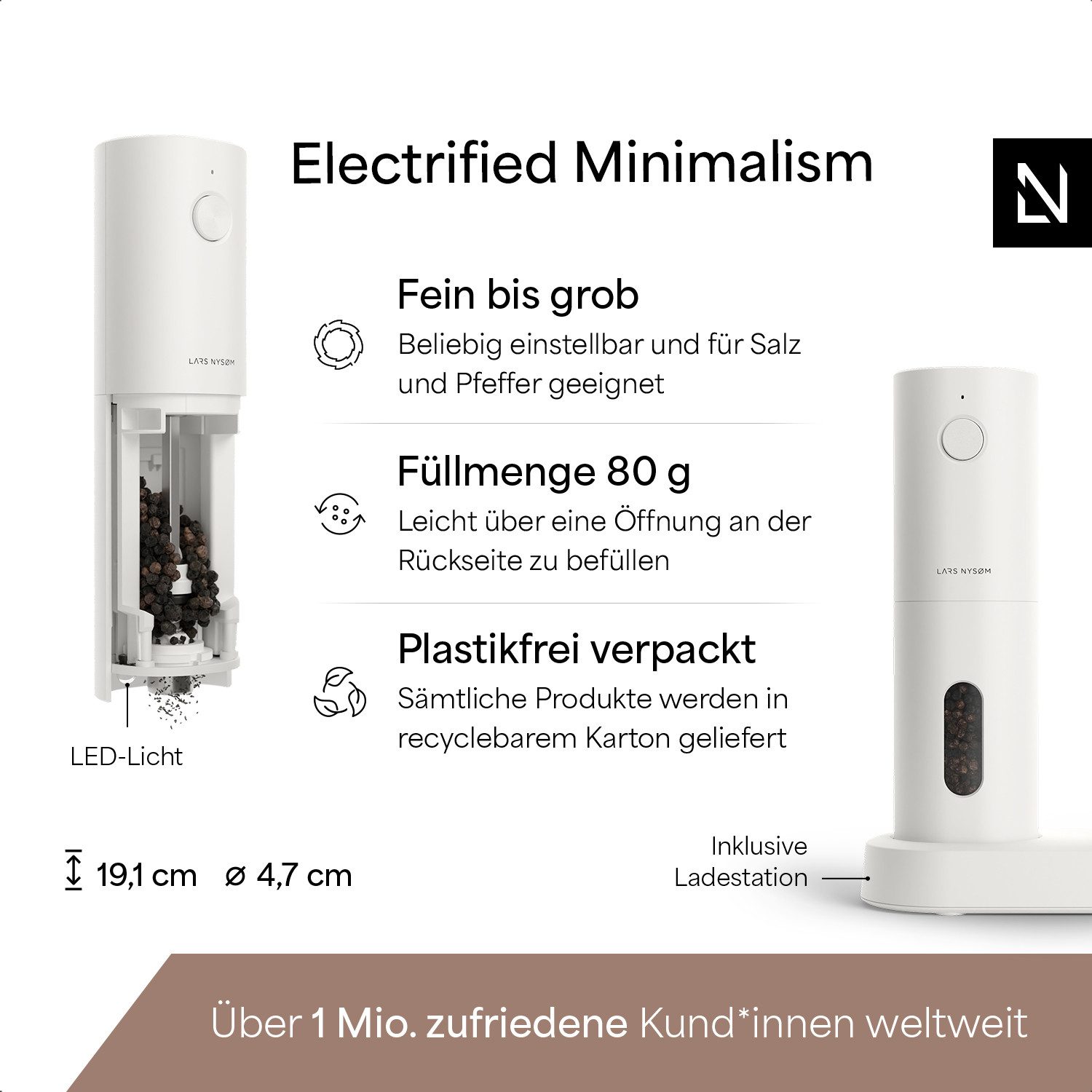 LARS NYSØM Gewürzmühle Spænding praktische Einhandbedienung per Drucktaste, (2 Stück), elektrische Salz- & Pfeffermühle mit eingebautem LED-Licht – Bild 4 von 5
