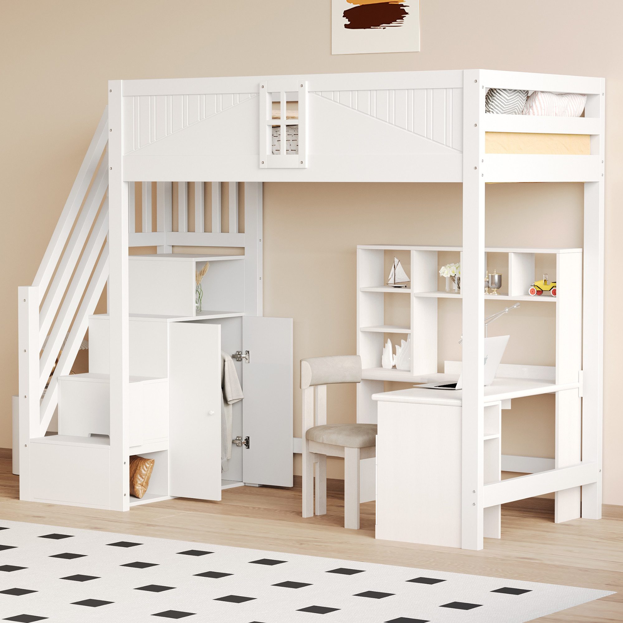 Flieks Hochbett Kinderbett 90x200cm mit Stauraumtreppe (Links und Rechts Austauschbar) – Bild 3 von 5