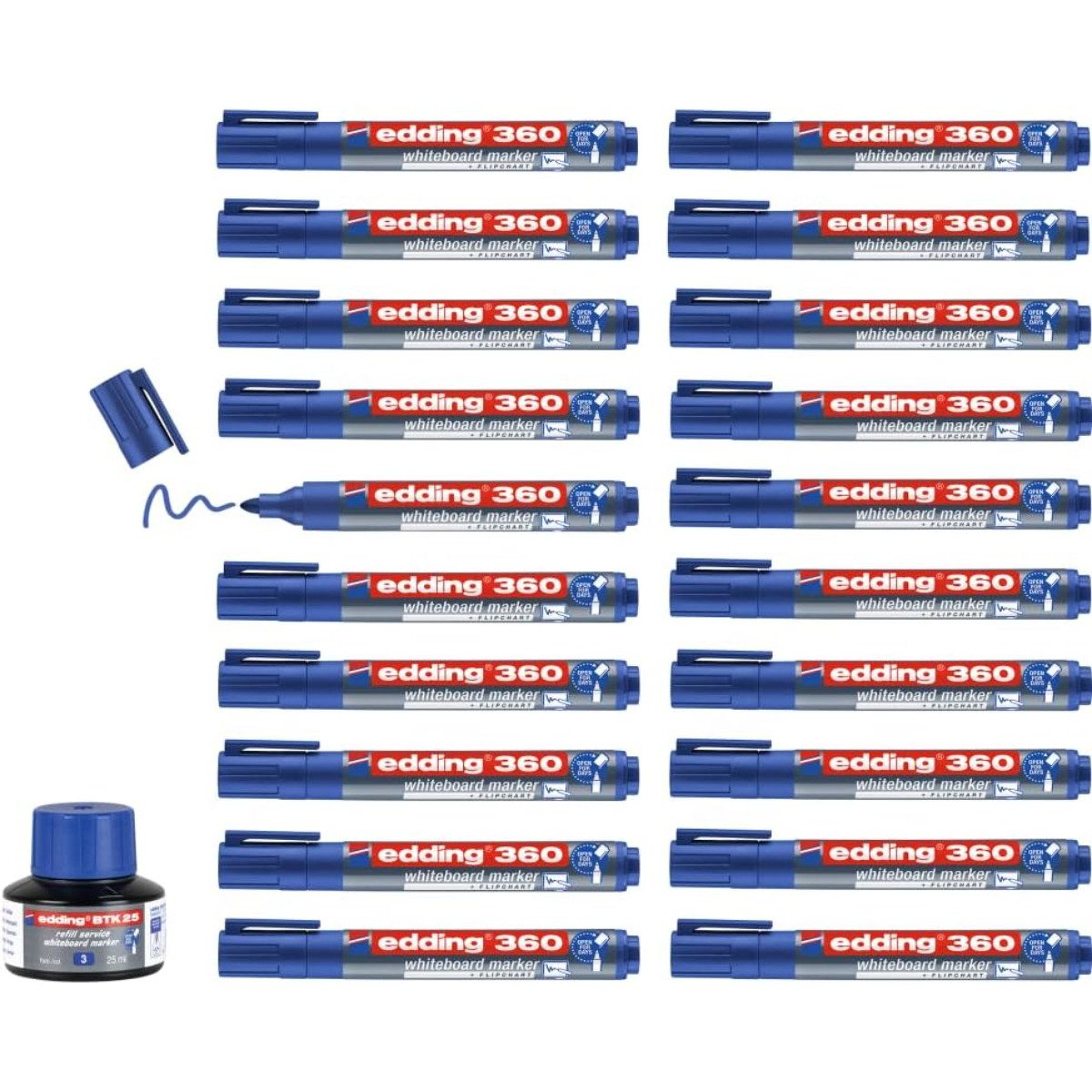 edding Whiteboard Marker (edding 360) Whiteboard-Marker blau – Nachfüllbox mit 20 Markern, (21-tlg)