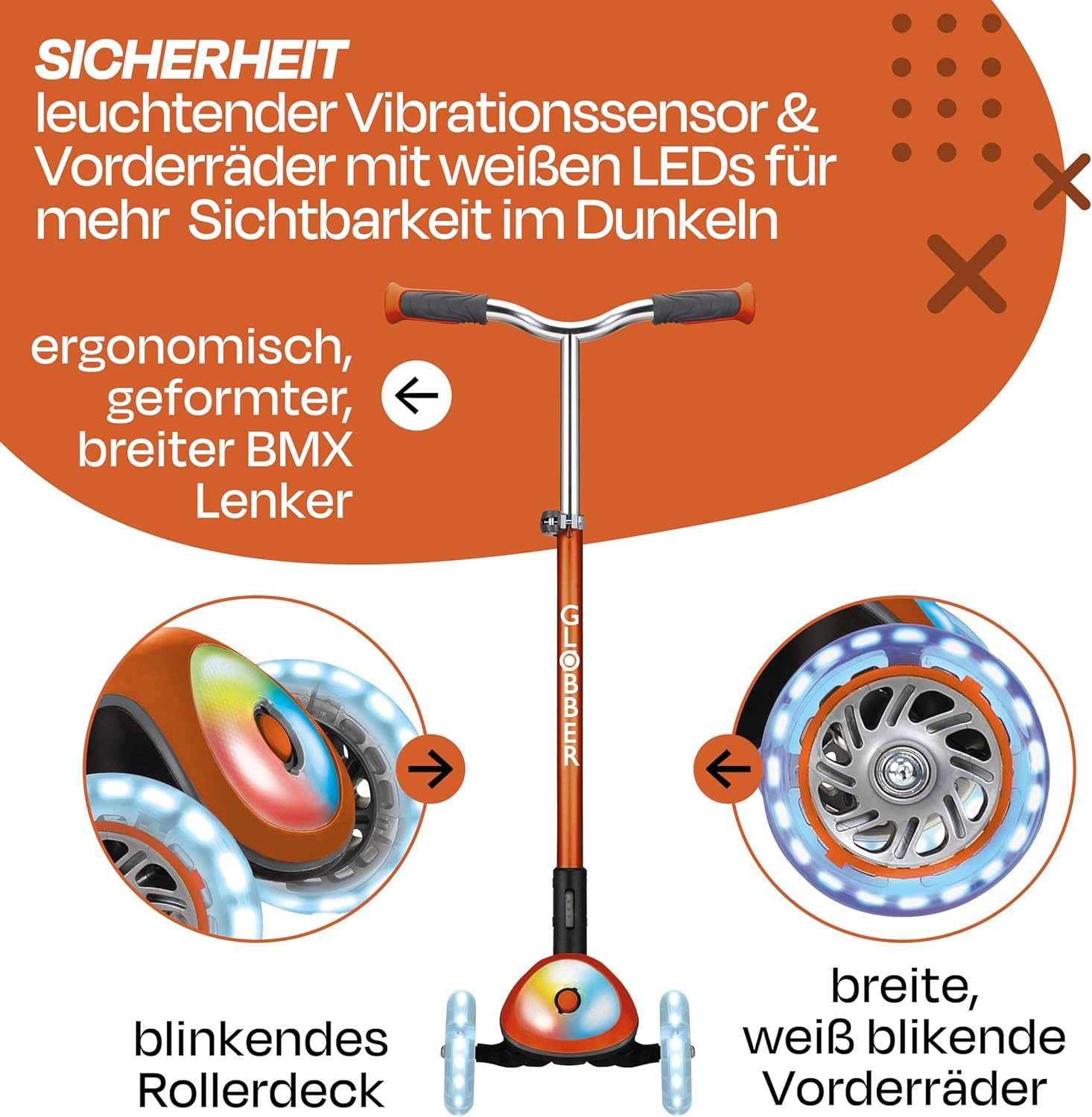Globber Dreiradscooter Elite Prime – Tretroller 125/80 mm, ABEC 5, LED-Rollen, Leuchtdeck