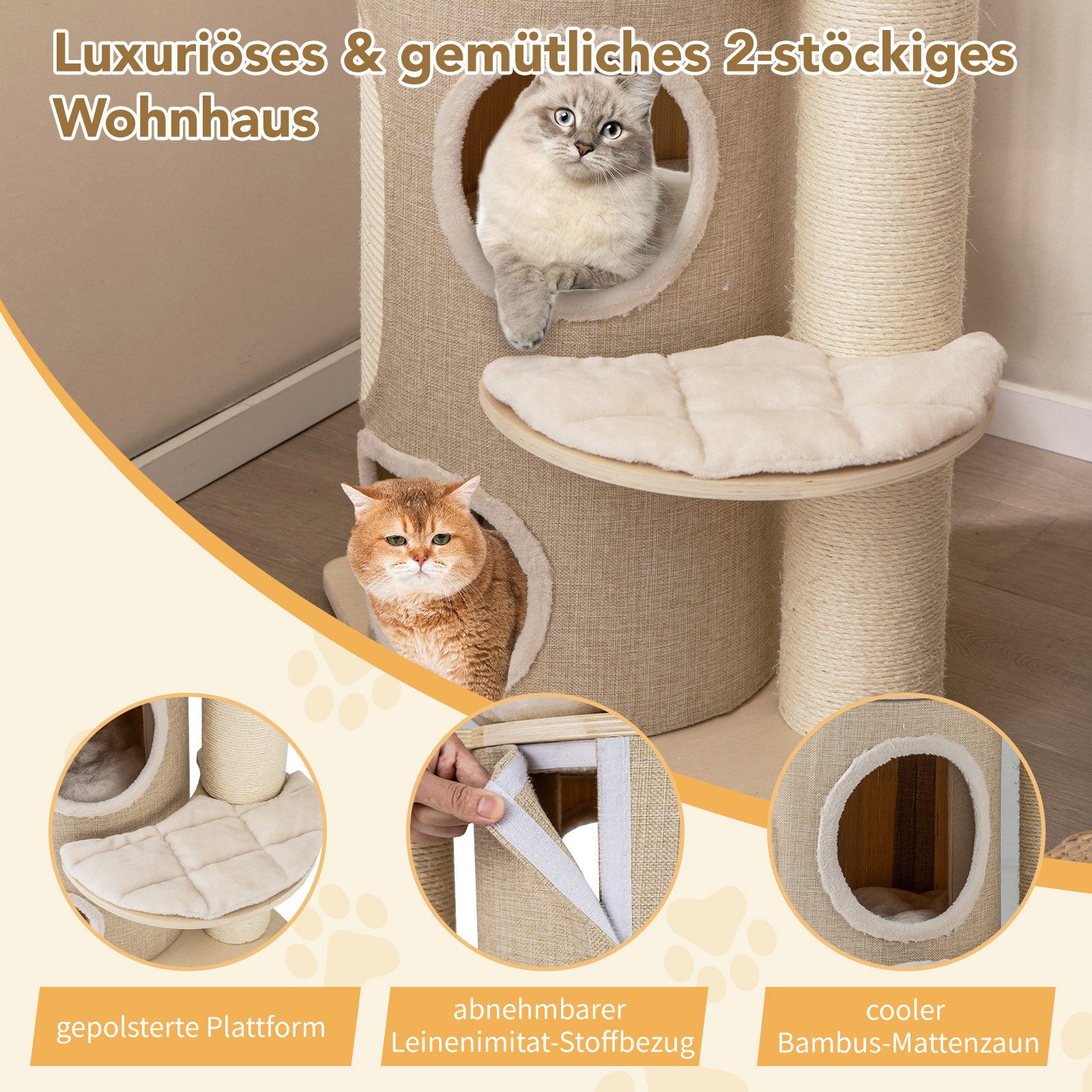 COSTWAY Kratzbaum, mit Kratztonne, Hängematte, abnehmbarem Bett