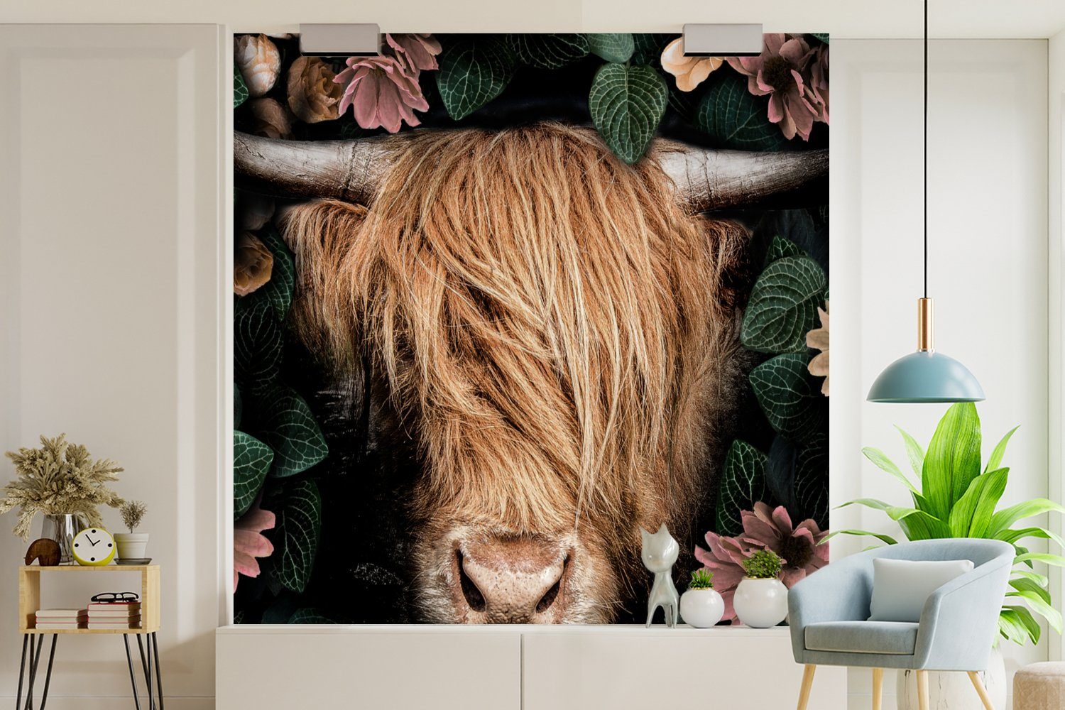 MuchoWow Fototapete Schottischer Highlander - Wohnzimmer - Schlafzimmer für bedruckt, Vliestapete Kuh, Matt, Küche, St), (4 Fototapete Blumen