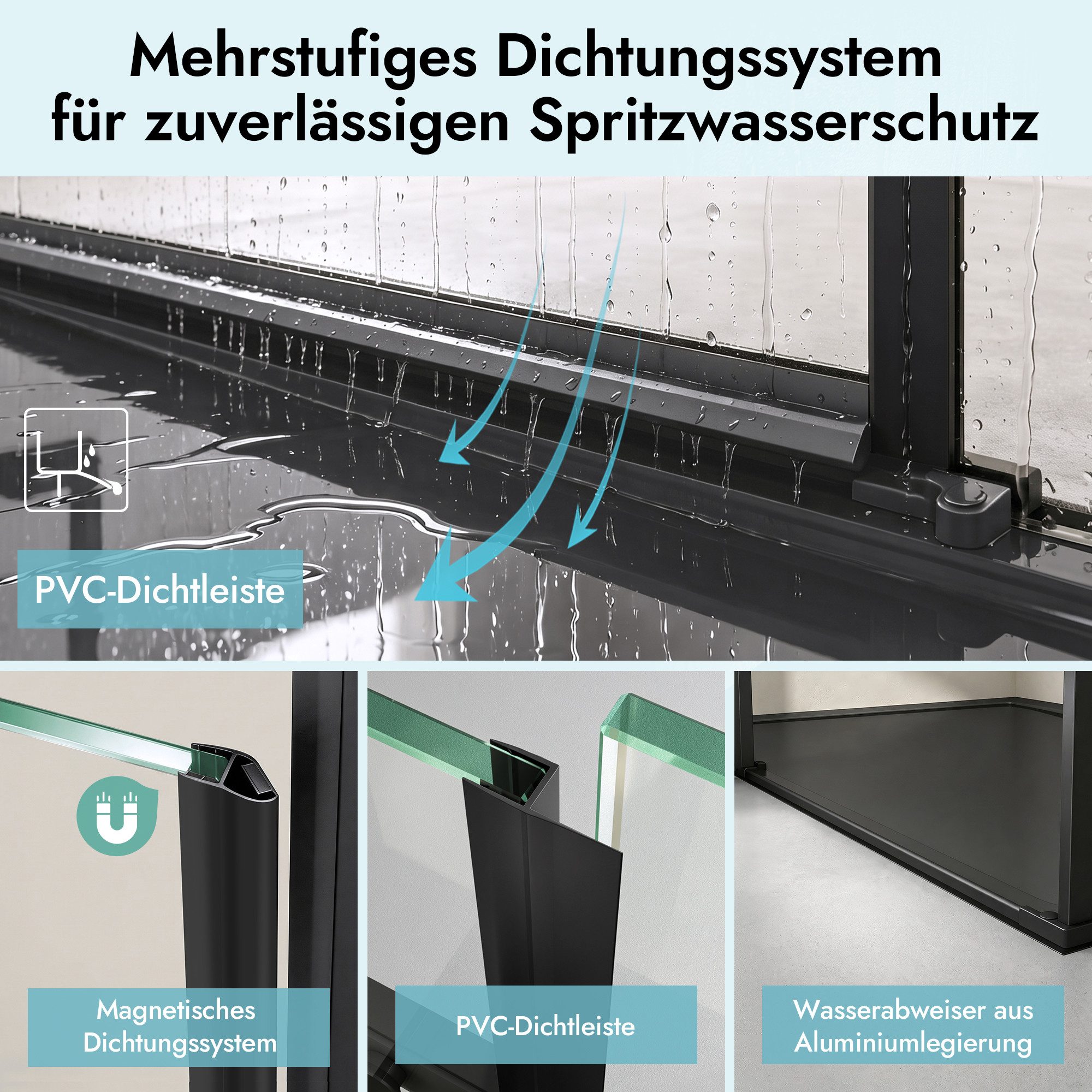 doporro Eckdusche Duschkabine Duschabtrennung schwarz ESG-Glas mit Nano H:195cm Rav64, BxT: 100x80 cm, Einscheibensicherheitsglas, ebenerdiger Einbau möglich – Bild 5 von 5