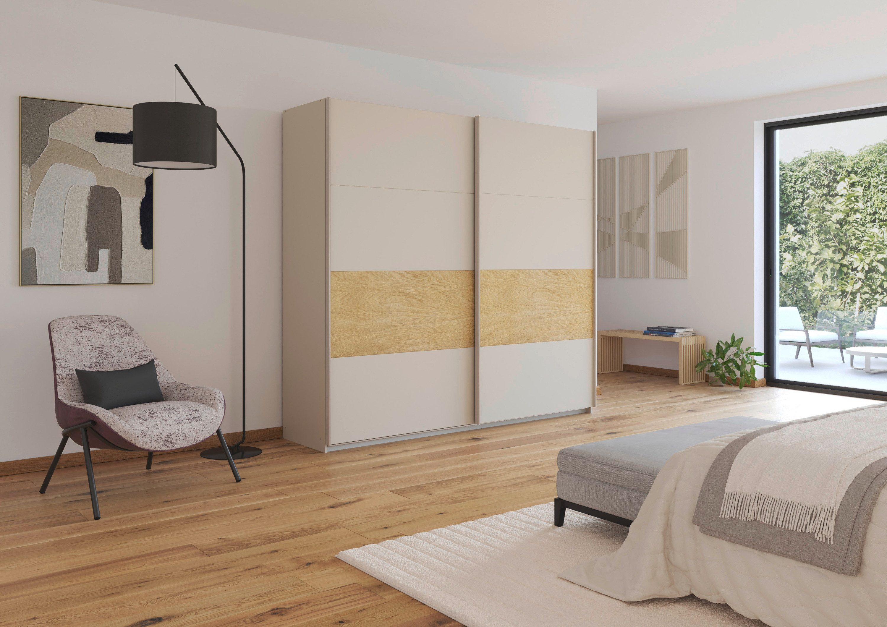 rauch Schwebetürenschrank Kleiderschrank Schrank Garderobe Schlafzimmerschrank MALVA Bauchbinde abgesetzt in gebürstetem Eiche Furnier MADE IN GERMANY