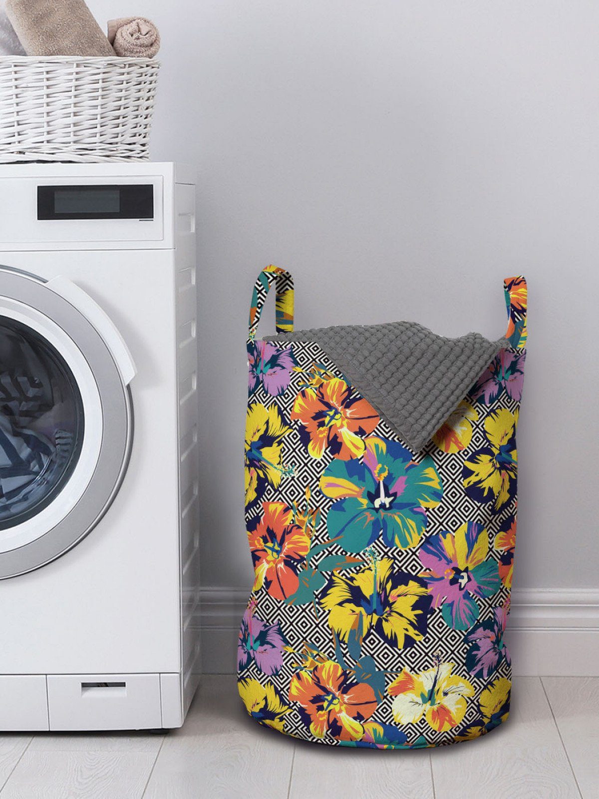 Geometrische Hibiscus mit Waschsalons, Kordelzugverschluss Griffen Abakuhaus Wäschesäckchen für Aloha Tropisch Wäschekorb