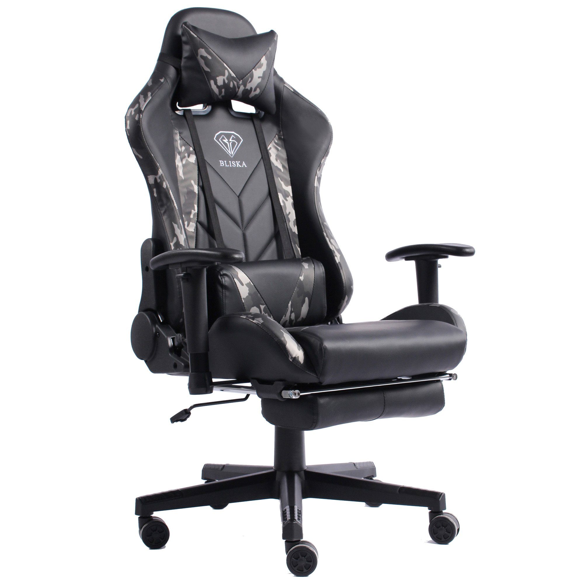 TRISENS Chefsessel Leo (1 Stück), Gaming Stuhl mit Fußstütze und 4D-Armlehnen gaming chair in Lederoptik Schwarz/Military -Grau
