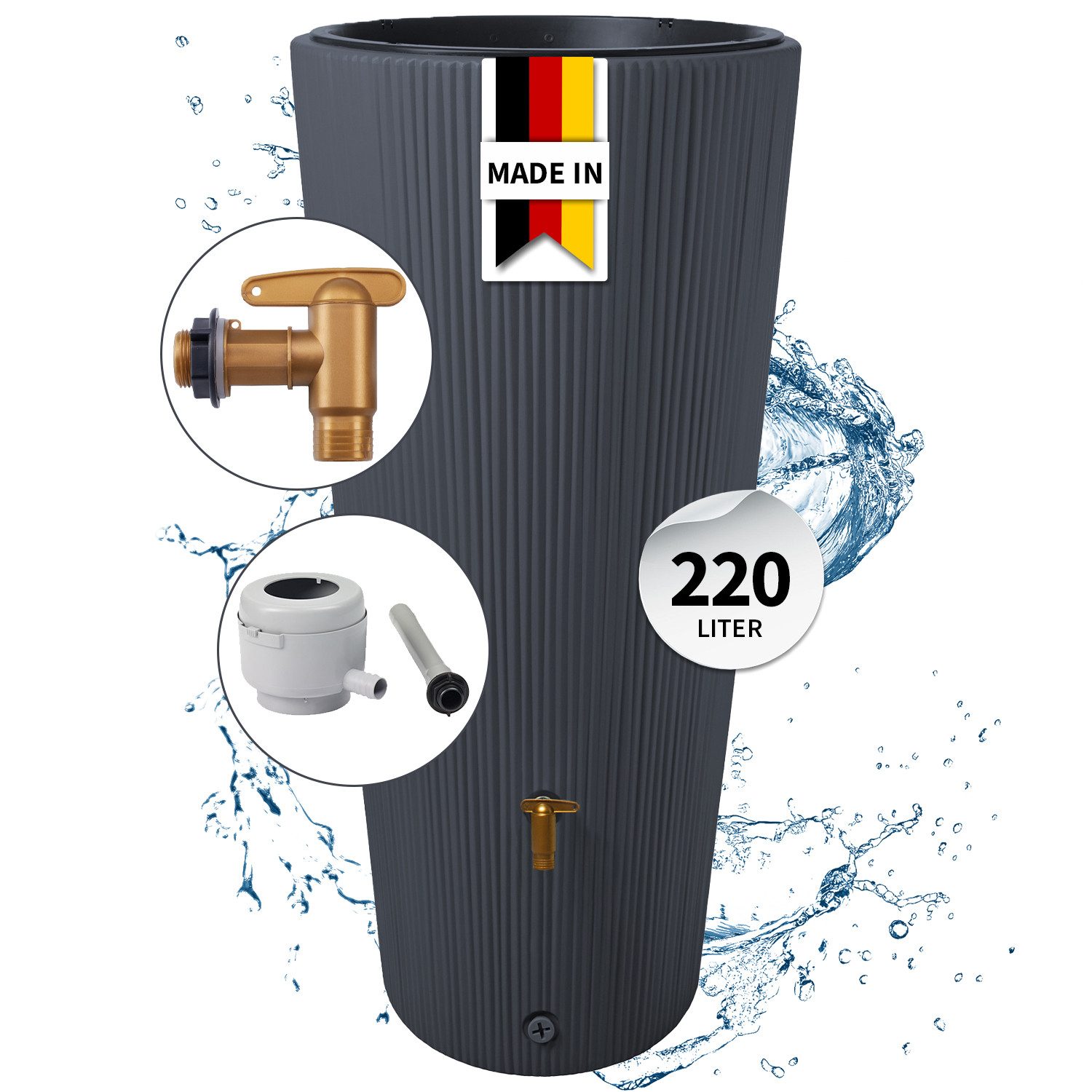 4rain Regentonne VASO 2in1 DECOR Regenspeicher Komplett-Set 220 L, graphite grey