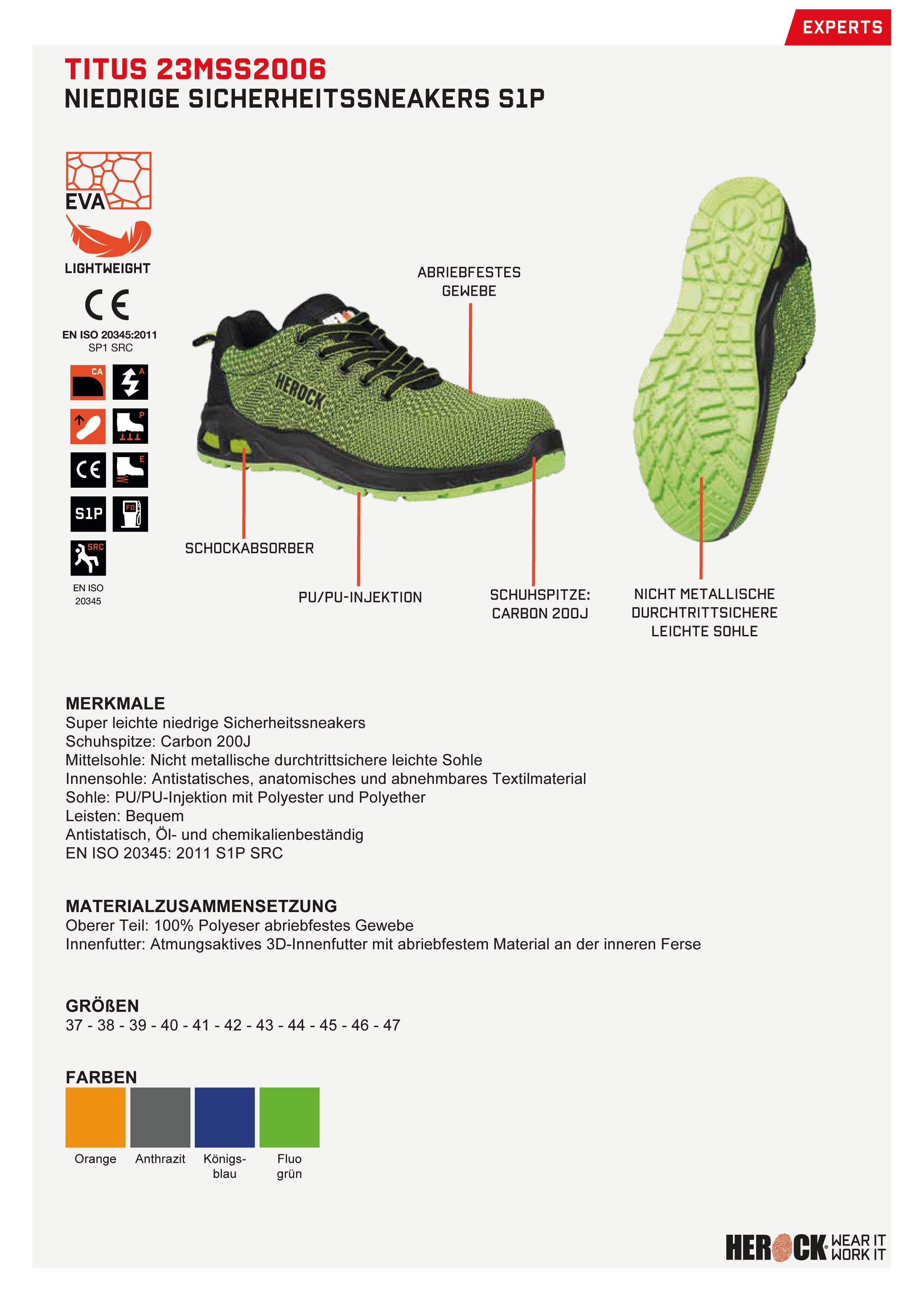Herock Titus S1P Niederige Sicherheitssneakers durchtrittschutz, Fiberglaskappe, Sicherheitsschuh rutschhemmend Extrem leicht, fluo-grün