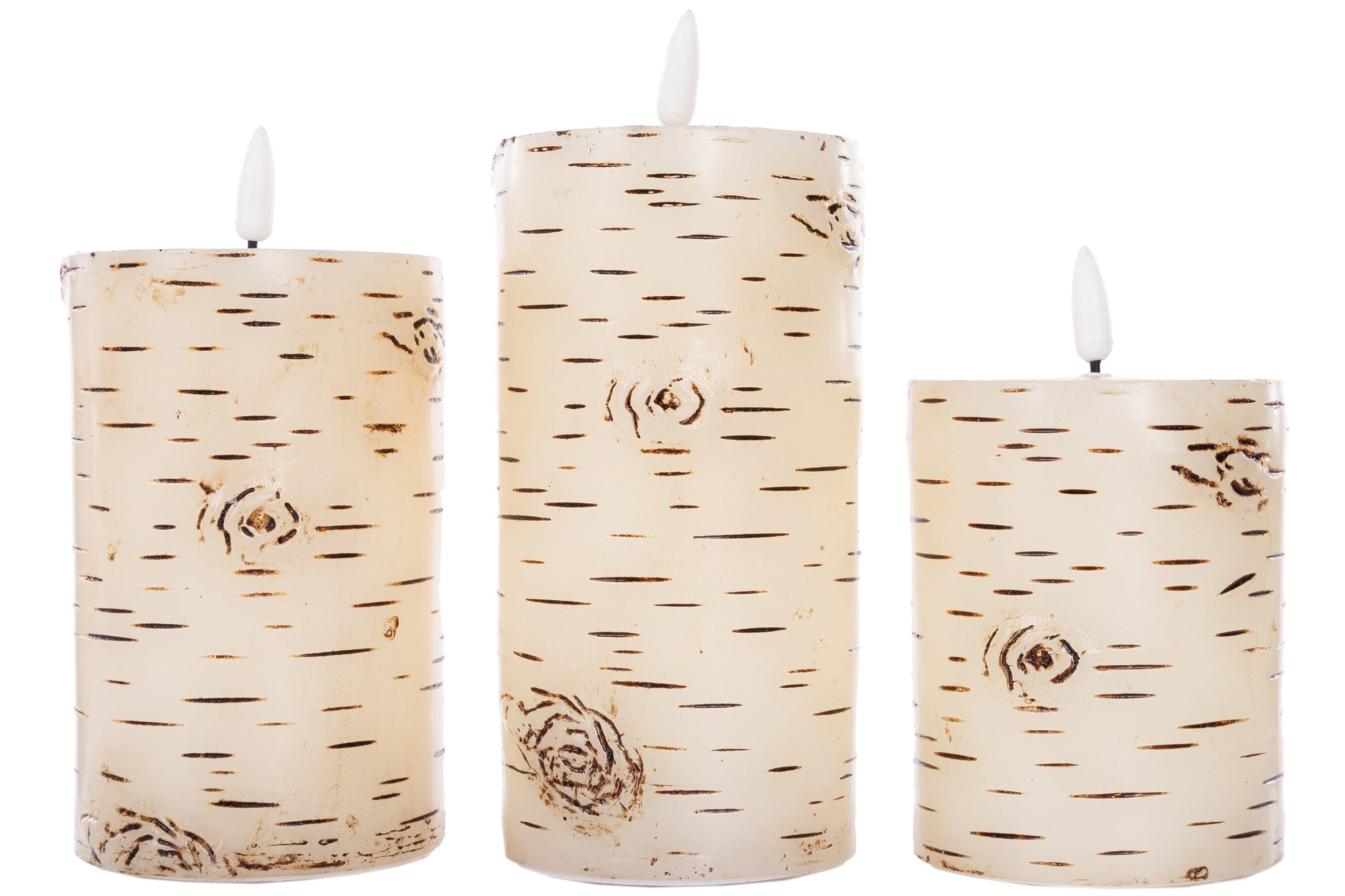 Wohnando LED-Kerze 3er-Set LED Kerzen mit Dekor 'Birke', im Winter mit Fernbedienung