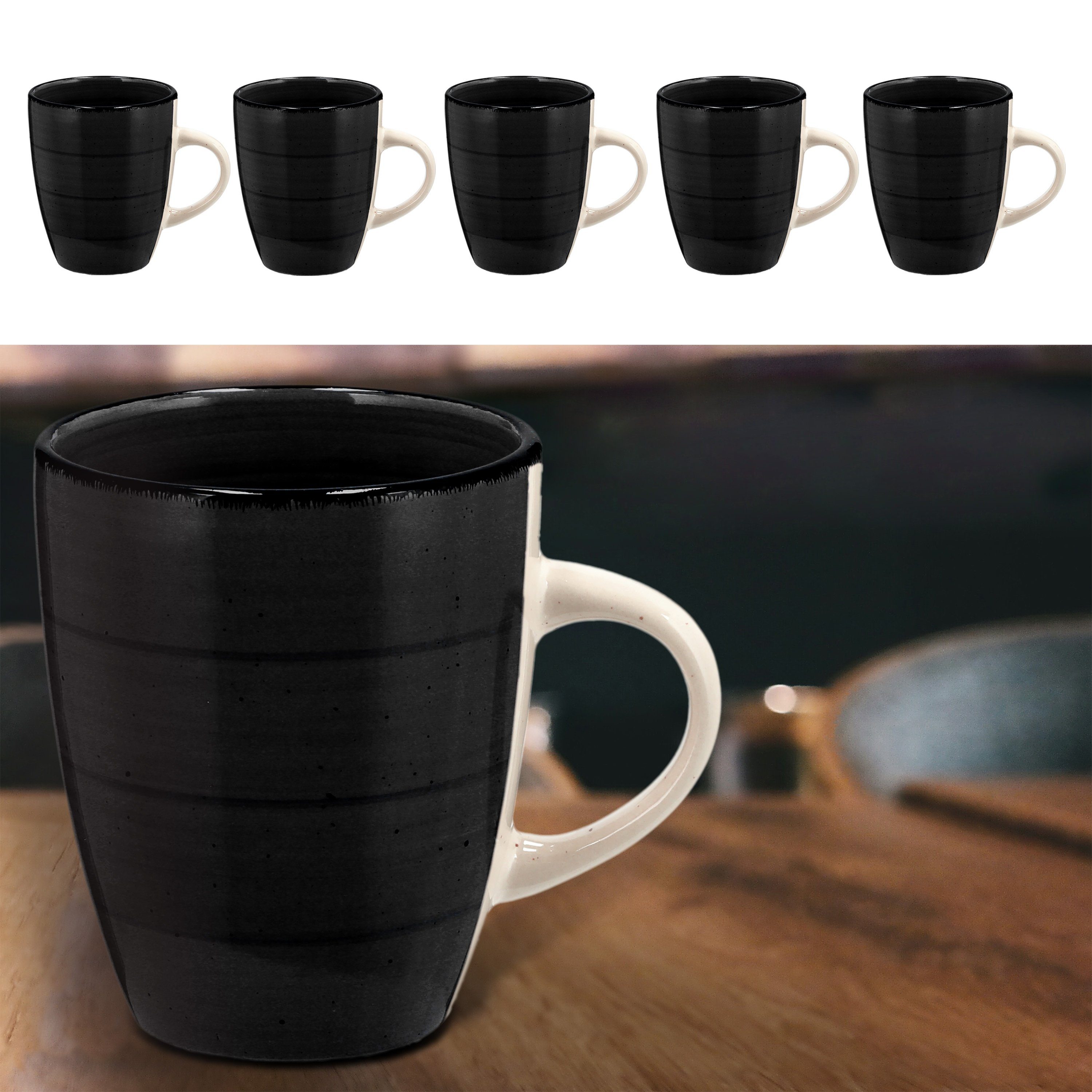 CEPEWA Tasse Kaffeebecher Steingut schwarz 360ml Set Becher 9x11cm 6er Tasse