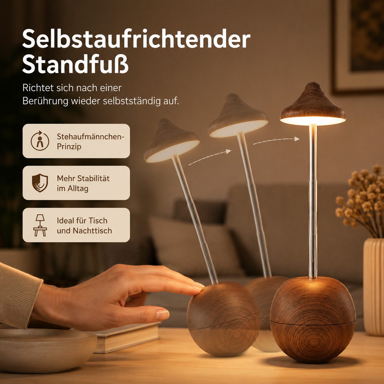 Tekoo LED Nachttischlampe LED Tischleuchte Walnuss-Optik Akku dimmbar RGB Nachttischlampe Holz, LED fest integriert, Warmweiß, Neutralweiß, Kaltweiß, RGB, RGB-Farbwechsel, dimmbar, teleskopierbar, Stehaufmännchen-Funktion