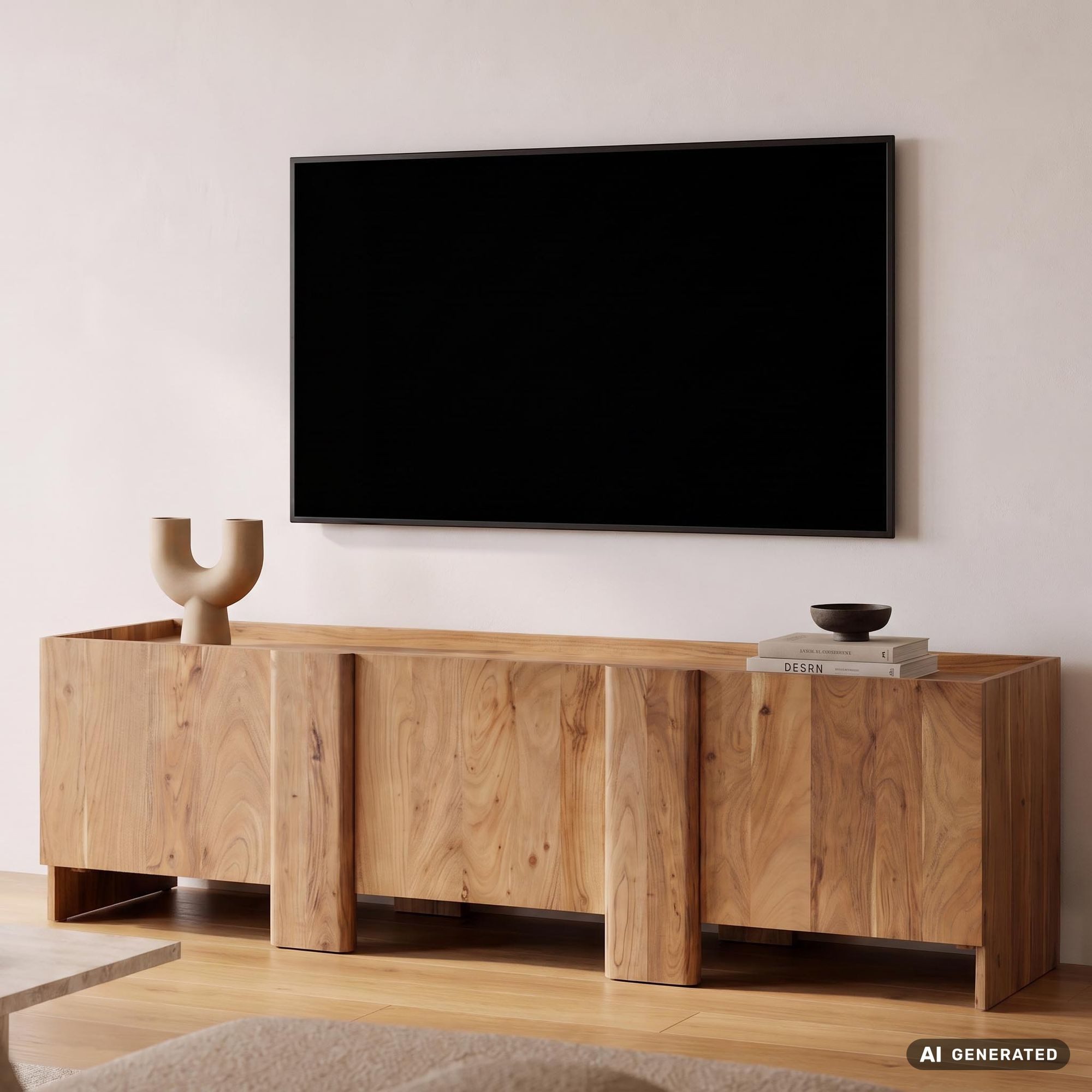 FINEBUY Lowboard FB87739 TV Board Fernsehschrank Fernsehkommode Massivholz 165cm Holz (Stilvolles Mediamöbel aus echtem Akazienholz), Viel Stauraum dank drei Türfächern