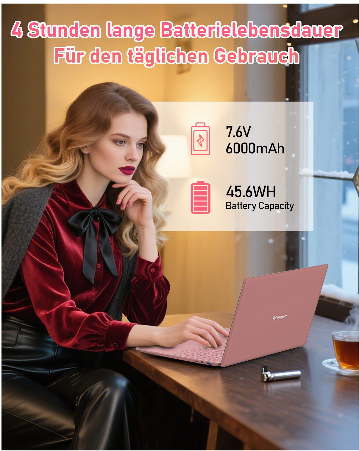 Molegar 15,6-Zoll Laptop für Studenten, Hintergrundbeleuchtete Tastatur Notebook (39,6 cm/15.6 Zoll, Intel Celeron 5205U, Intel® UHD Graphics, 8 GB, 256 GB SSD, Fingerabdruckleser, 180° Scharnier, 6000mAh lange Akkulaufzeit) rosa