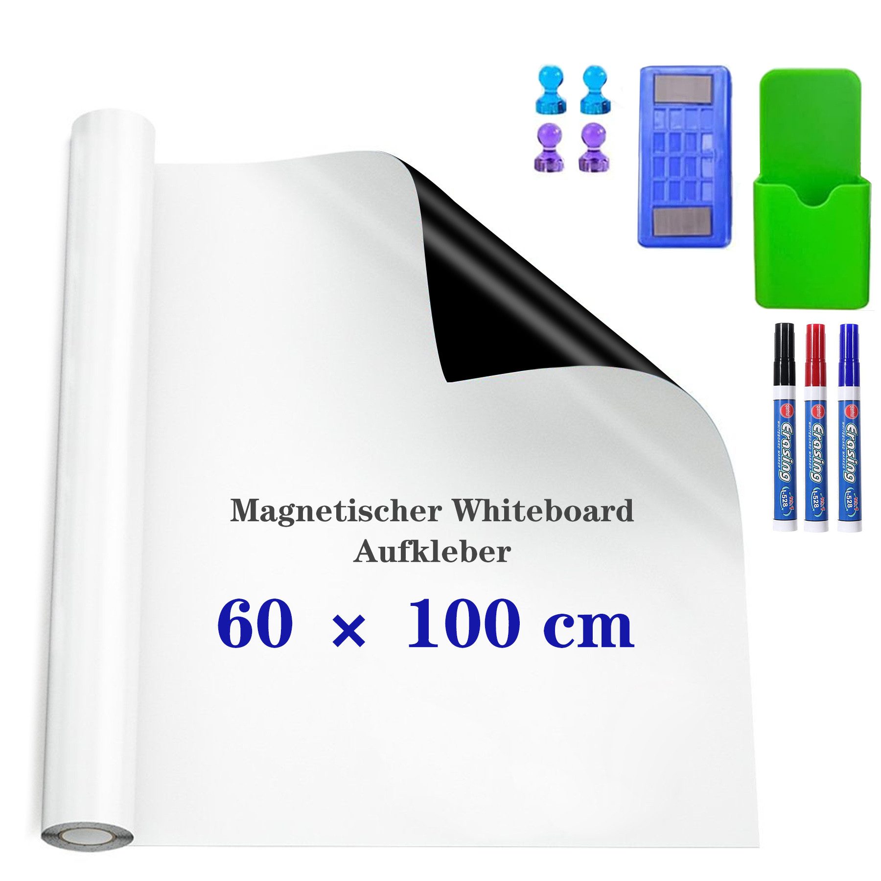 CALIYO Magnettafel Magnetisches Whiteboard Selbstklebende Folie Trocken abwischbar, Magnetauflage mit Stift und Radiergummi, Neodym-Magnete