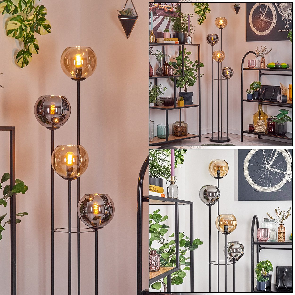 Stehlampe Stehlampe aus Metall/Glas, Schwarz/Bernstein/Chrom/Rauch, Fußschalter