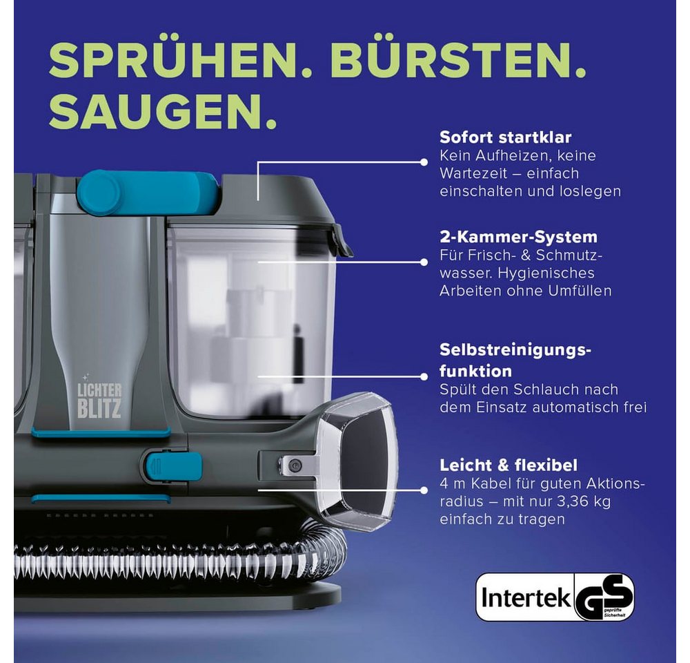 Lichterblitz Teppichreinigungsgerät Waschsauger & Polsterreiniger Gerät Kompakt – saugt, bürstet, sprüht, 400 W, Nass Trockensauger Teppichreiniger entfernt Flüssigkeiten & Flecken
