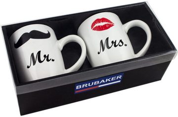 BRUBAKER Tasse 2er-Set Motivtassen "Mr." und "Mrs.", Keramik, Kaffeebecher mit Kussmund und Schnurrbart, Kaffeetassen in Geschenkpackung, Geschenkset mit Grußkarte