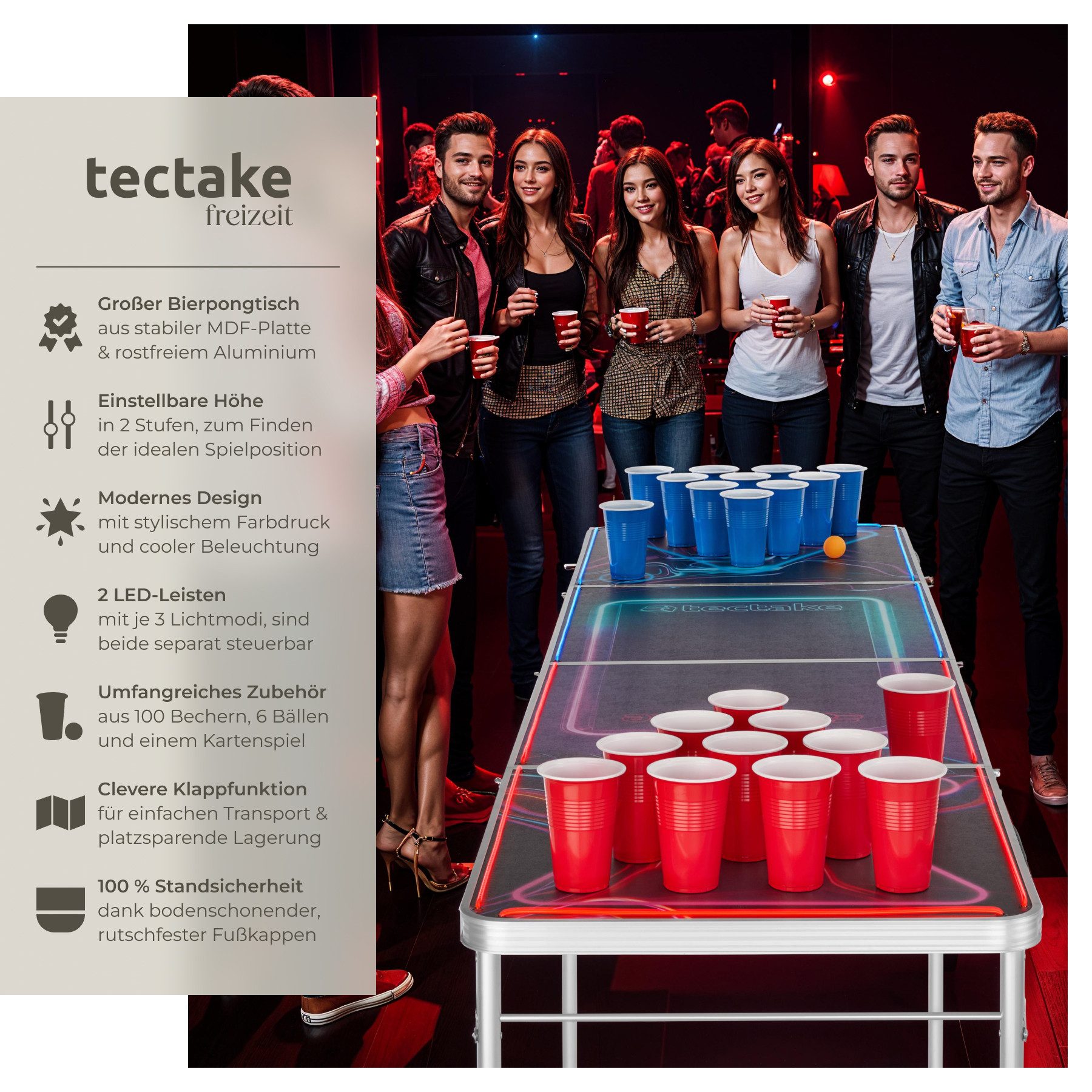 tectake Spieltisch Bierpongtisch, aus Aluminium, mit LED-Beleuchtung günstig online kaufen