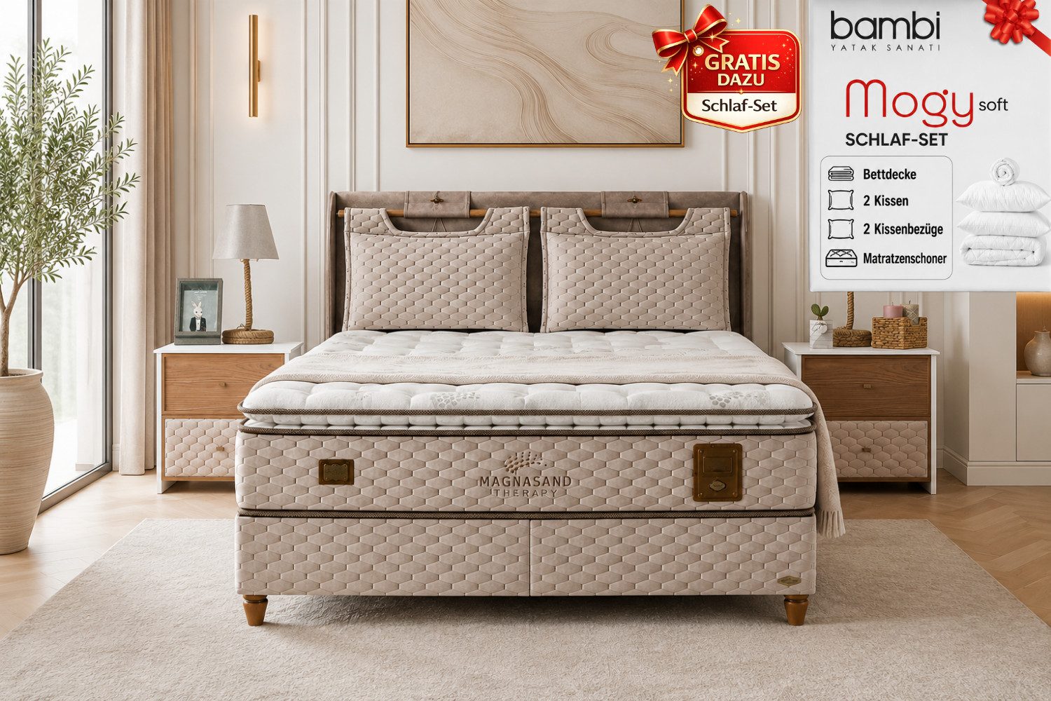 BAMBI YATAK Boxspringbett mit Bettkasten, Bambi Magnasand, Bett mit Matratze & Stauraum H3 (Schlafzimmerbett, Matratze mit Topper, 90x200 cm Boxbett, Polsterbett), Taschenfederkern, Matratzenhöhe: 33 cm, Optionale Nachttisch