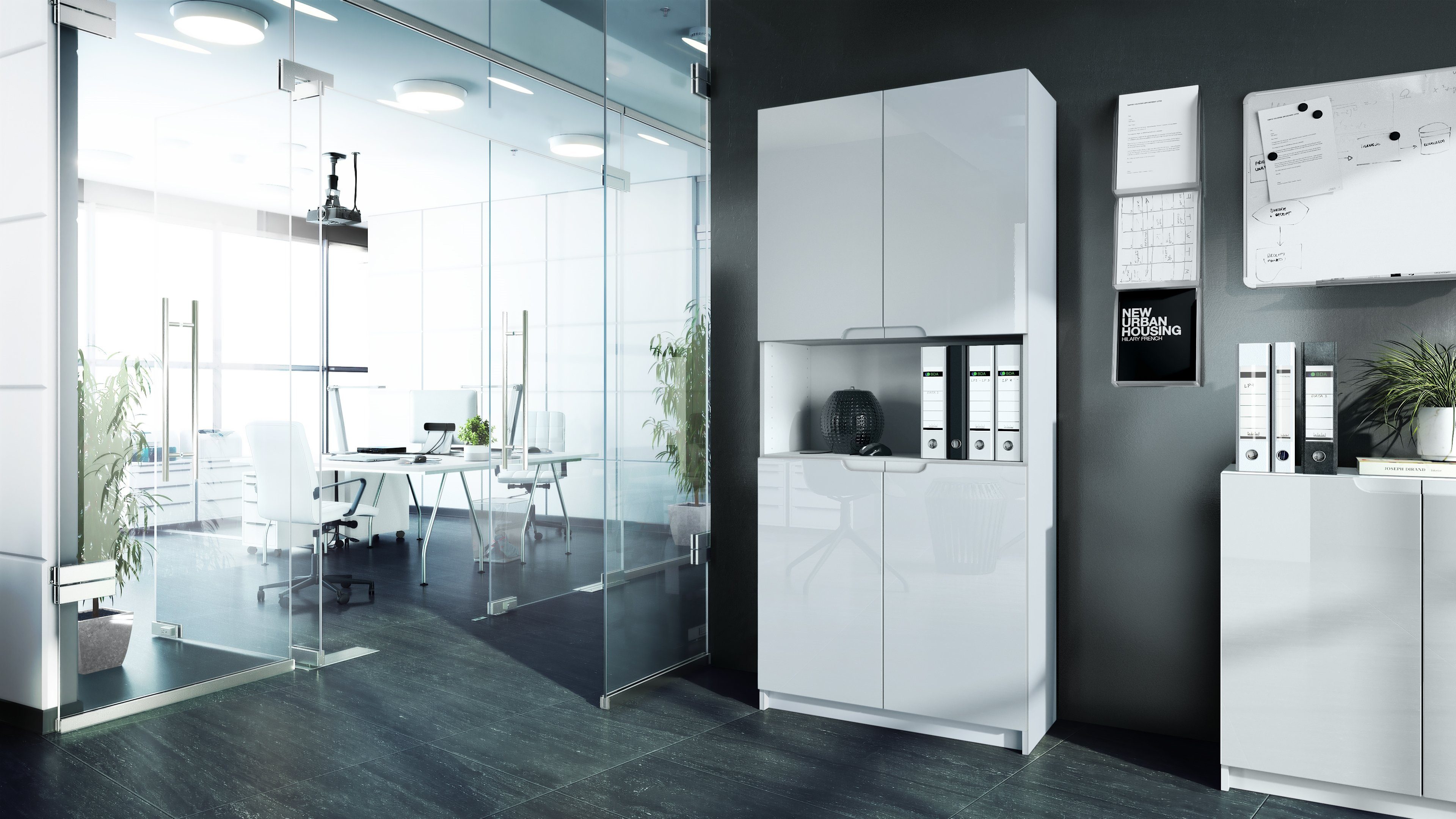 Vladon Aktenschrank Logan V2 (Aktenschrank, mit 5 Fächern und 4 Türen) Weiß matt/Weiß Hochglanz (82 x 185 x 37 cm)