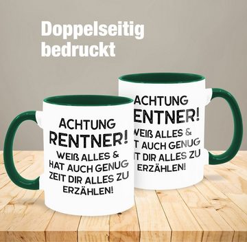 Shirtracer Tasse Achtung Rentner! Weiß alles & hat auch genug Zeit dir alles zu erzähle, Keramik, Rente Geschenk Kaffeetasse