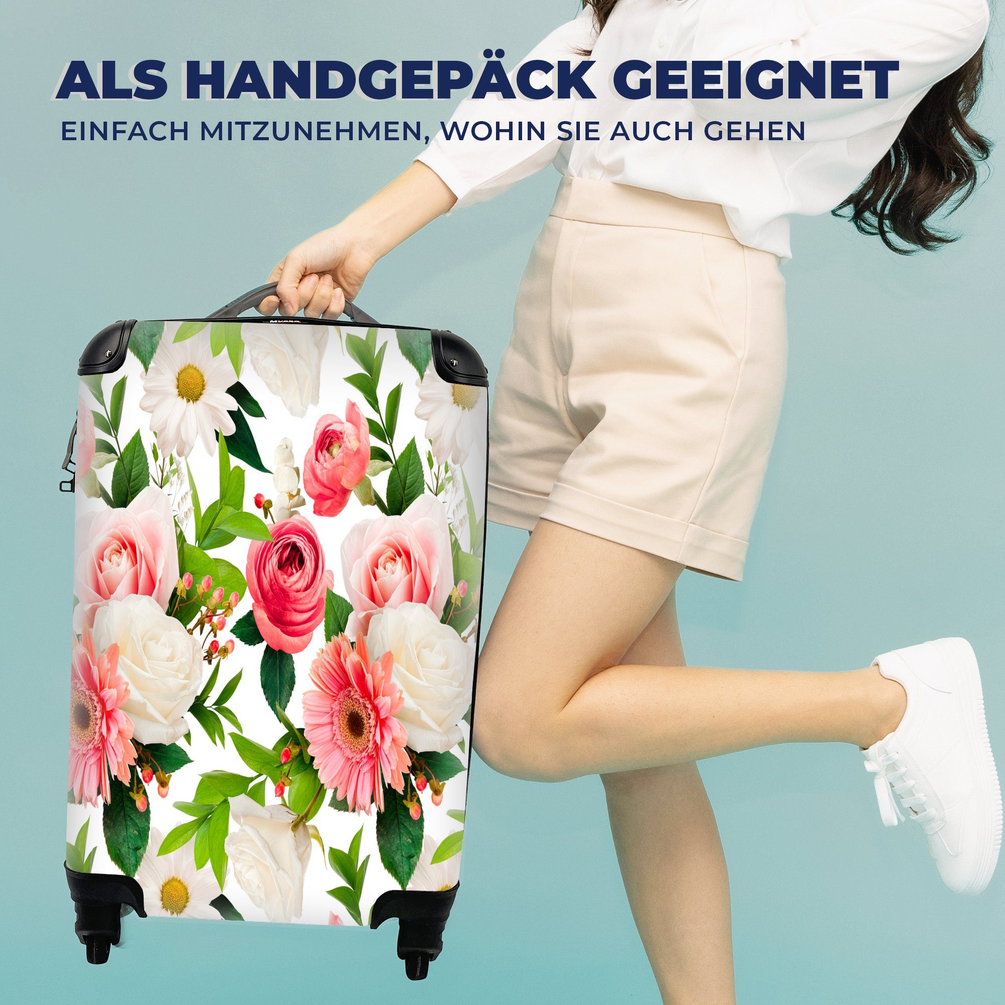 Rosen, Blumen mit Reisekoffer Handgepäckkoffer Muster - Ferien, Reisetasche Handgepäck für - Rollen, Trolley, MuchoWow rollen, 4