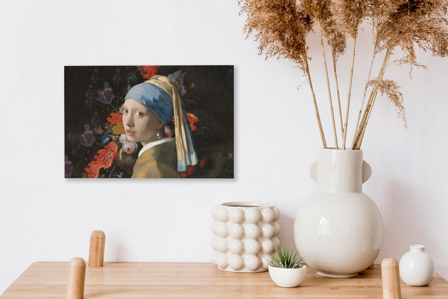 (1 Blumen, mit dem Vermeer Wandbild Mädchen St), Leinwandbilder, Gemälde OneMillionCanvasses® 30x20 - Wanddeko, Perlenohrring - Aufhängefertig, cm Das