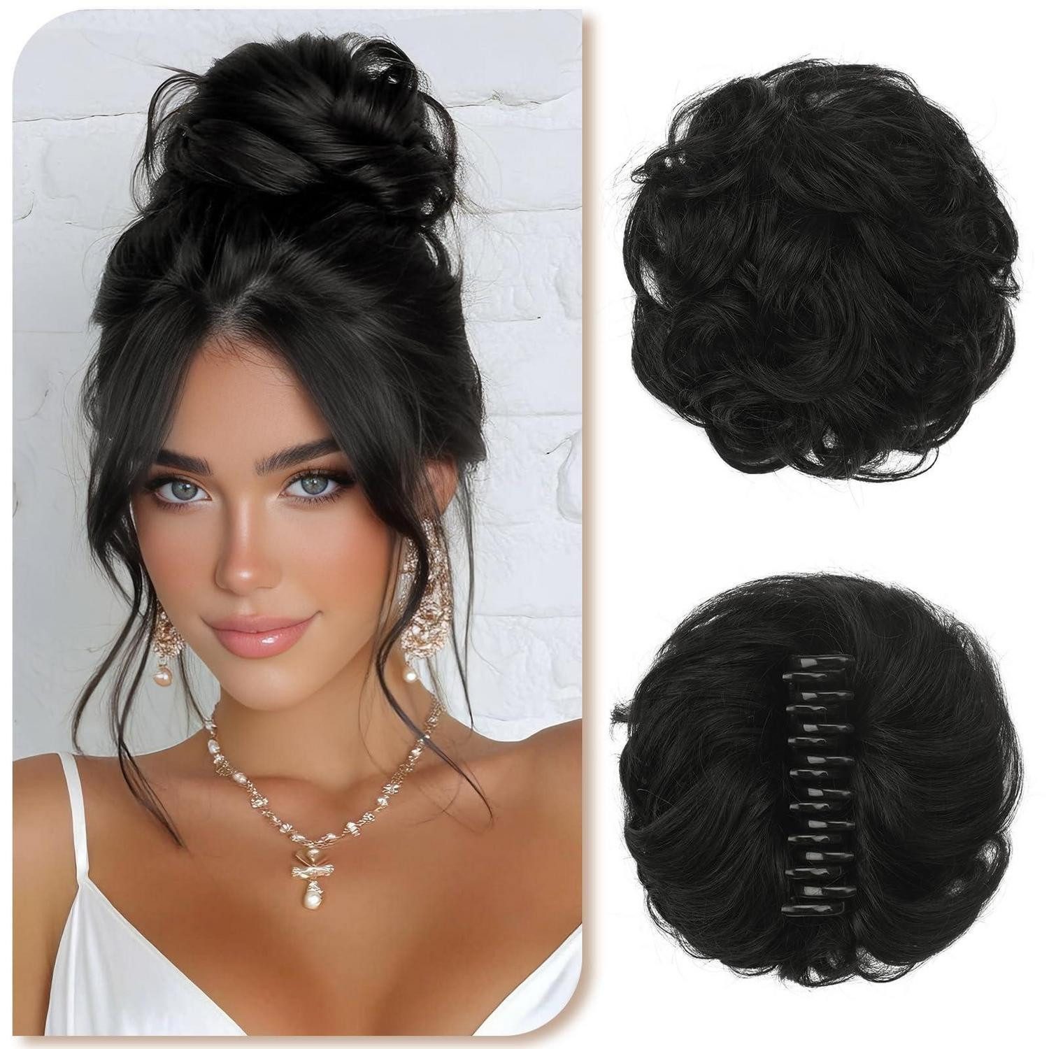 LuxusKollektion Echthaar-Extension Haarteil Dutt Messy Bun Echthaar Clip Klammer Natürliches Schwarz