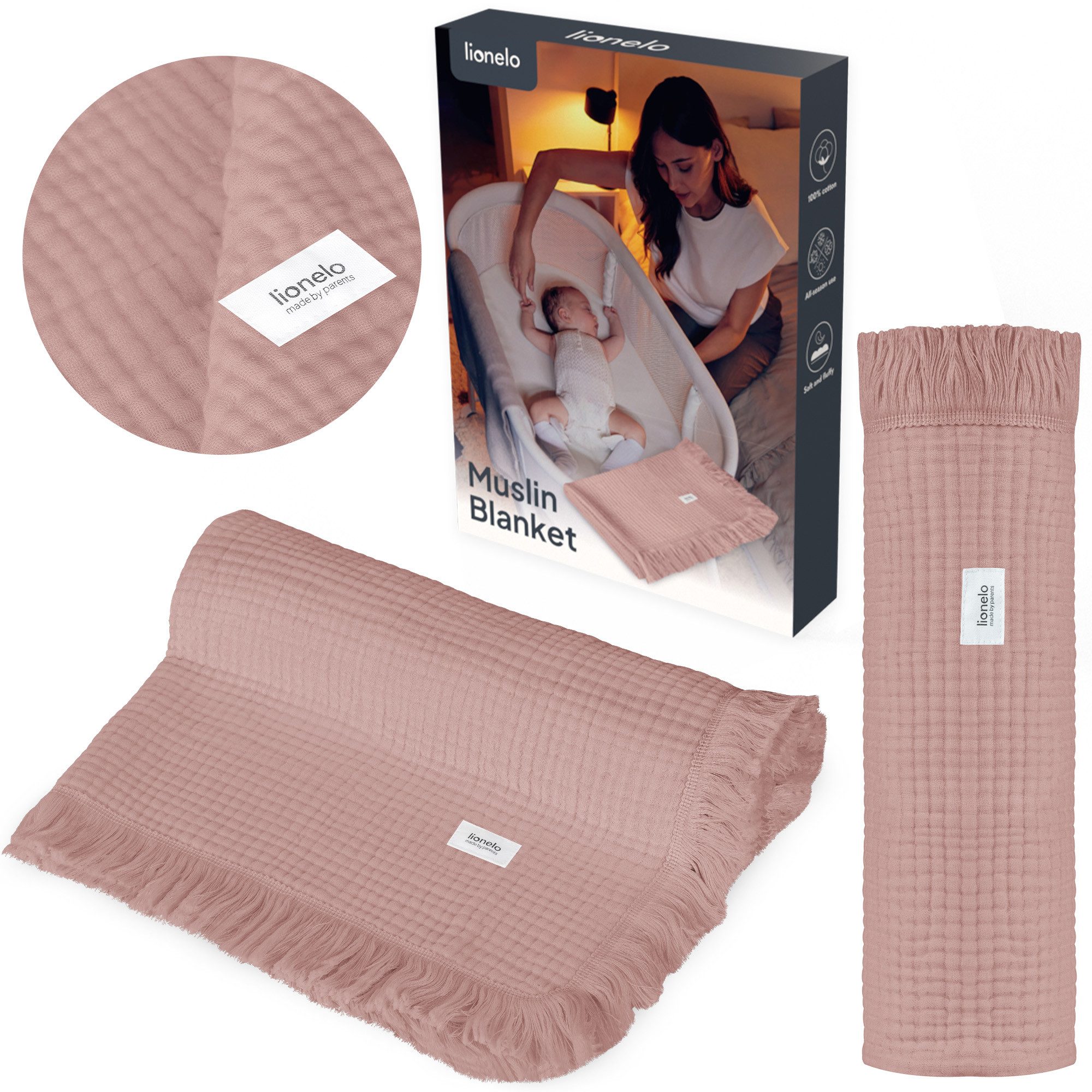 Kinderdecke MUSLIN BLANKET, lionelo, 6 Lagen/100% Baumwolle/ganzjährig/weicher Musselin/Fransen