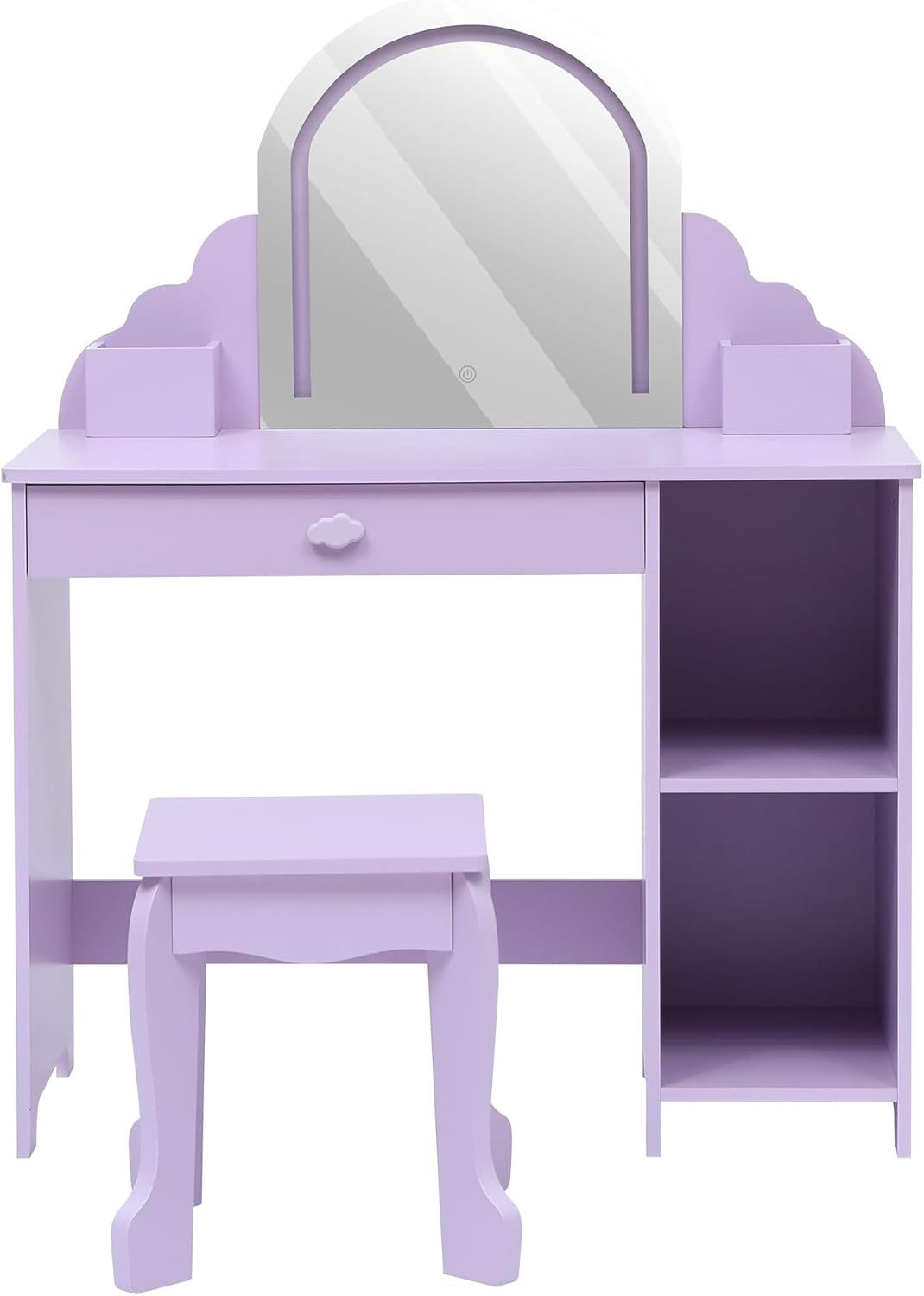 GarveeMore Schminktisch Kinderschminktisch mit Spiegel und Hocker, Robustes Holz Schminktisch, mit Beleuchtung&Schublade,Wellenrand Kosmetiktisch Kinderzimmer Möbel
