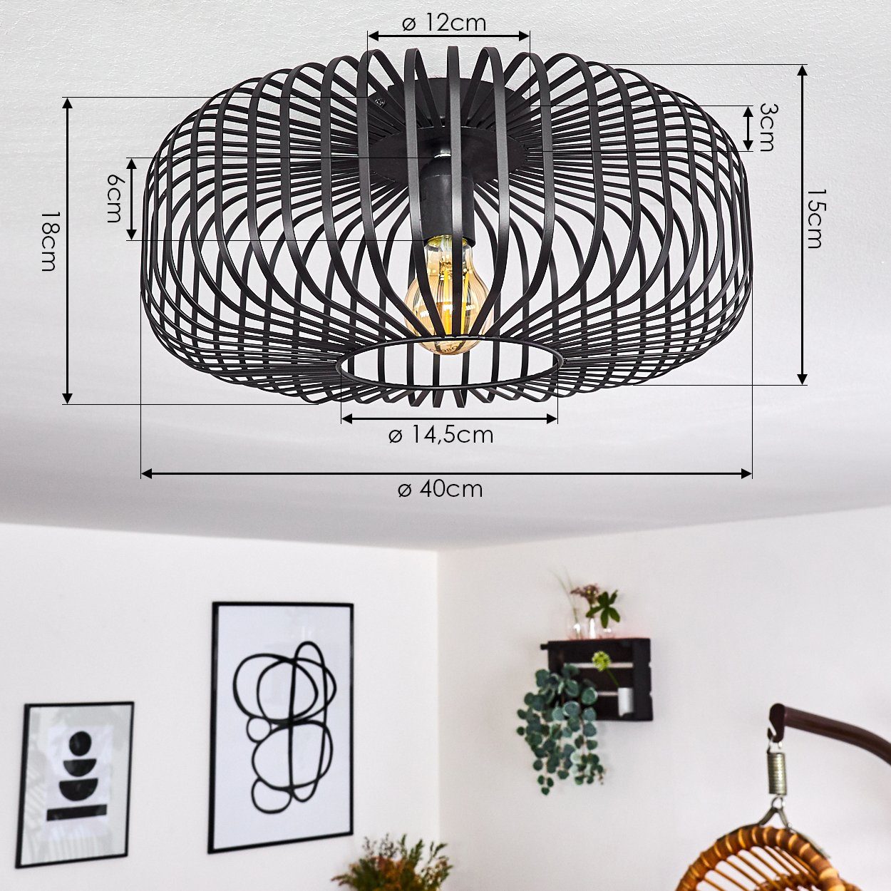 hofstein Deckenleuchte »Pieris« Deckenlampe aus Metall in Schwarz, ohne Leuchtmittel, E27, Leuchte m. Gitter u. Lichteffekt an der Decke – Bild 4 von 5