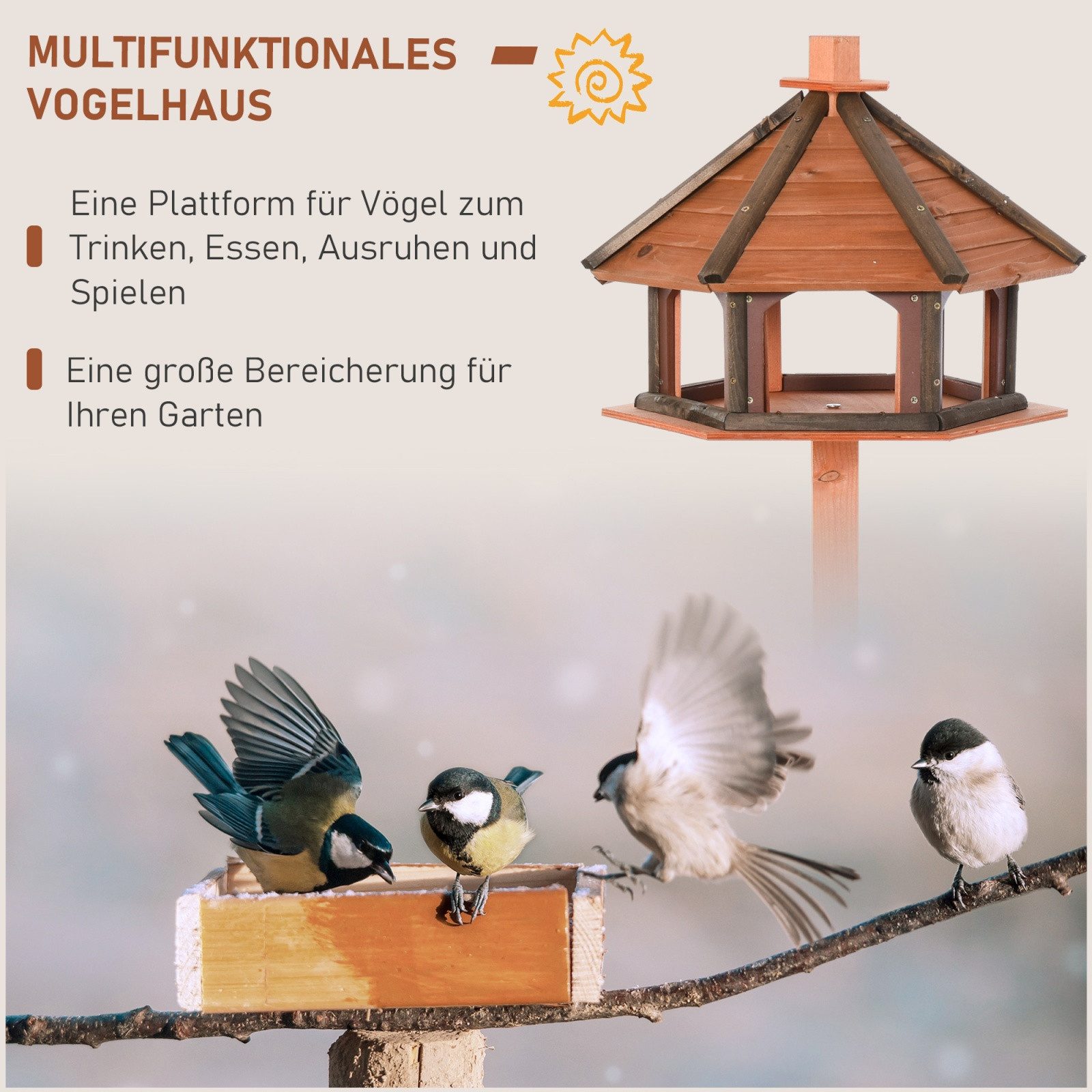 Blossom Vogelhaus Vogelhaus Ø52×130 cm Vogelfutterhaus aus Tannenholz Vogelfutterstation, Vogelhausständer Vogelvilla mit Satteldach, für Garten Balkon, Natur
